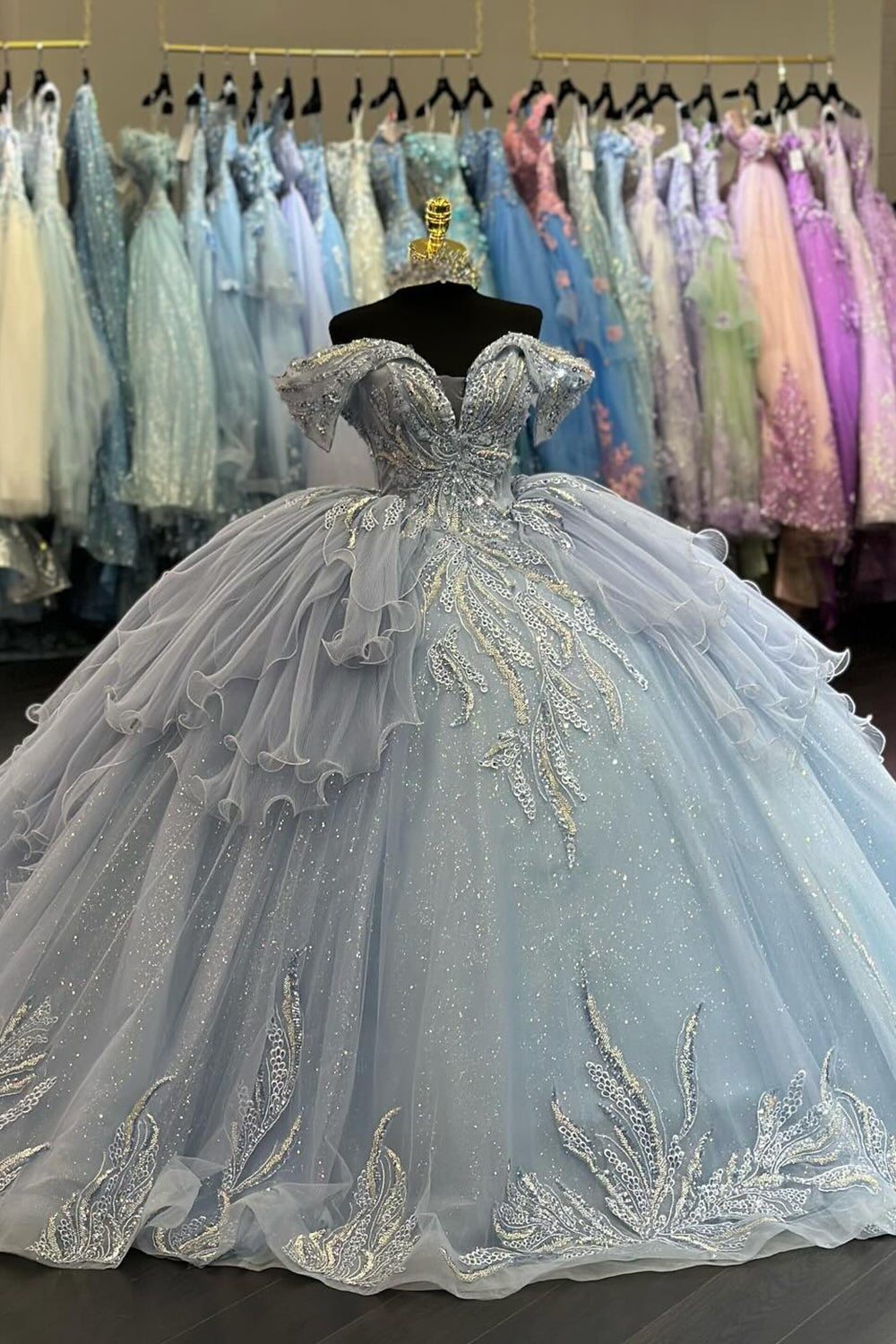 Light Blue Sparkly Off-the-Shoulder Tulle Quinceanera Ball Gown with Applique and Train