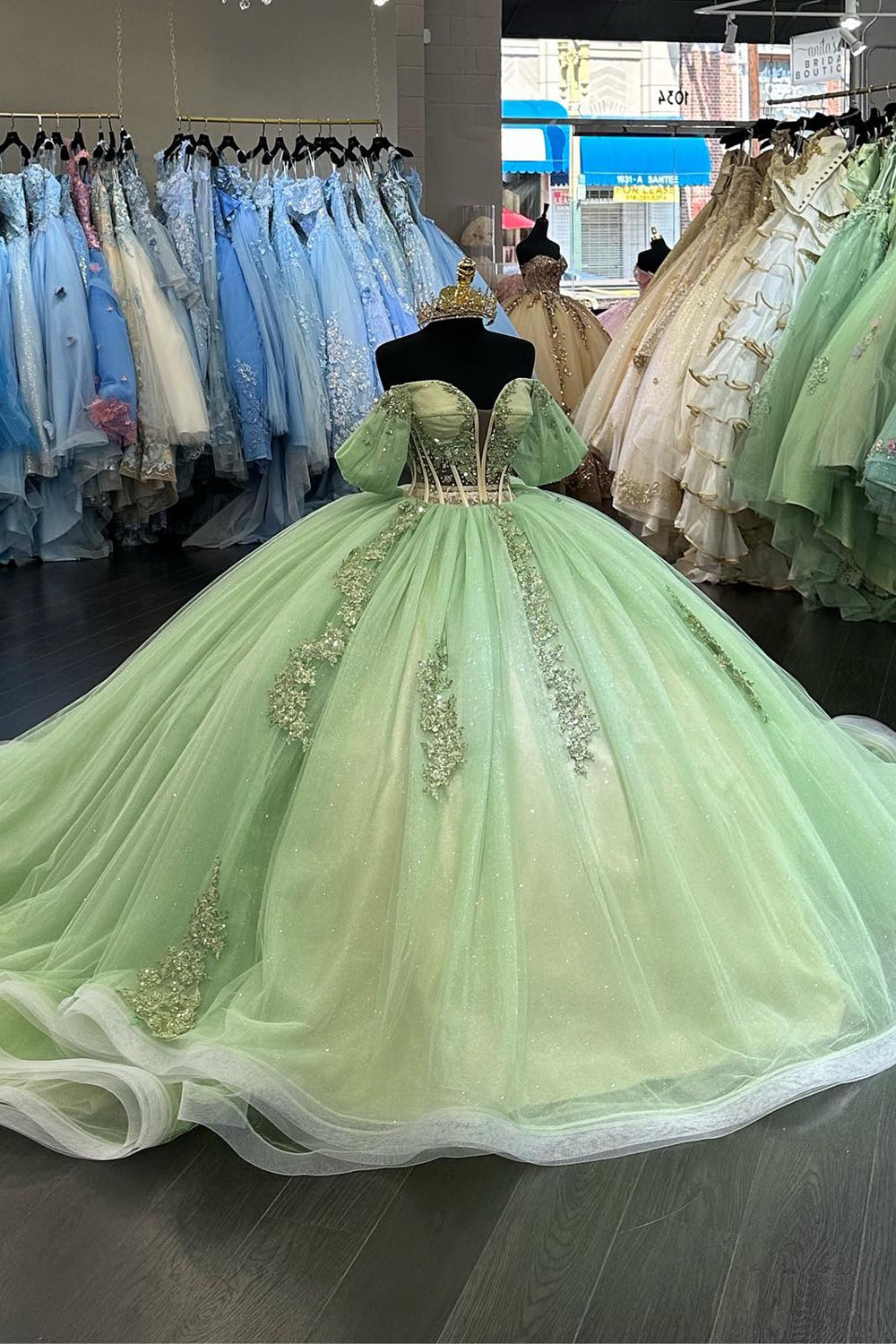 Green Sparkle Off-Shoulder Tulle Ball Gown for Quinceanera