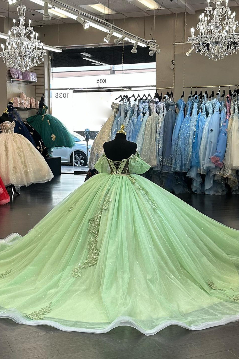 Green Sparkle Off-Shoulder Tulle Ball Gown for Quinceanera