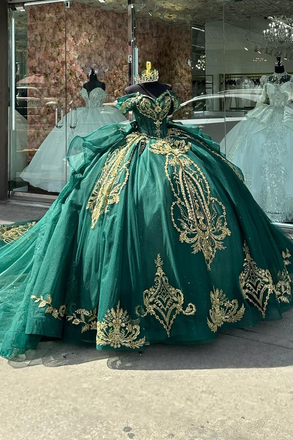 Dark Green Sparkly Off-the-Shoulder Princess Tulle Dress with Train for Quinceanera