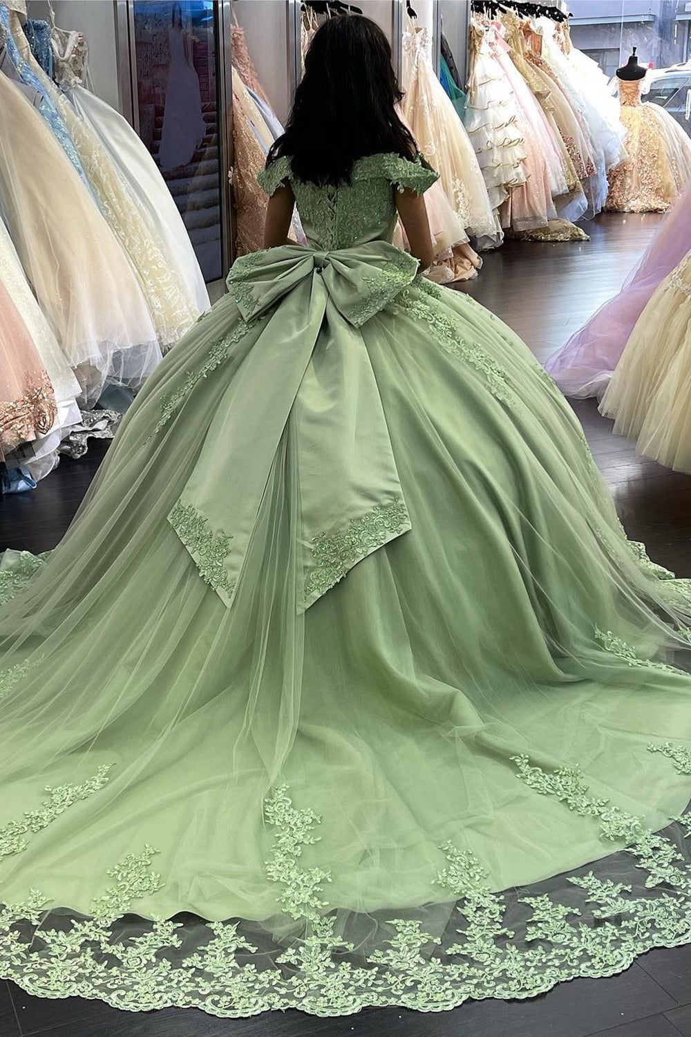 Princess Quinceanera Dress in Green with Off-Shoulder Applique and Tulle Bow