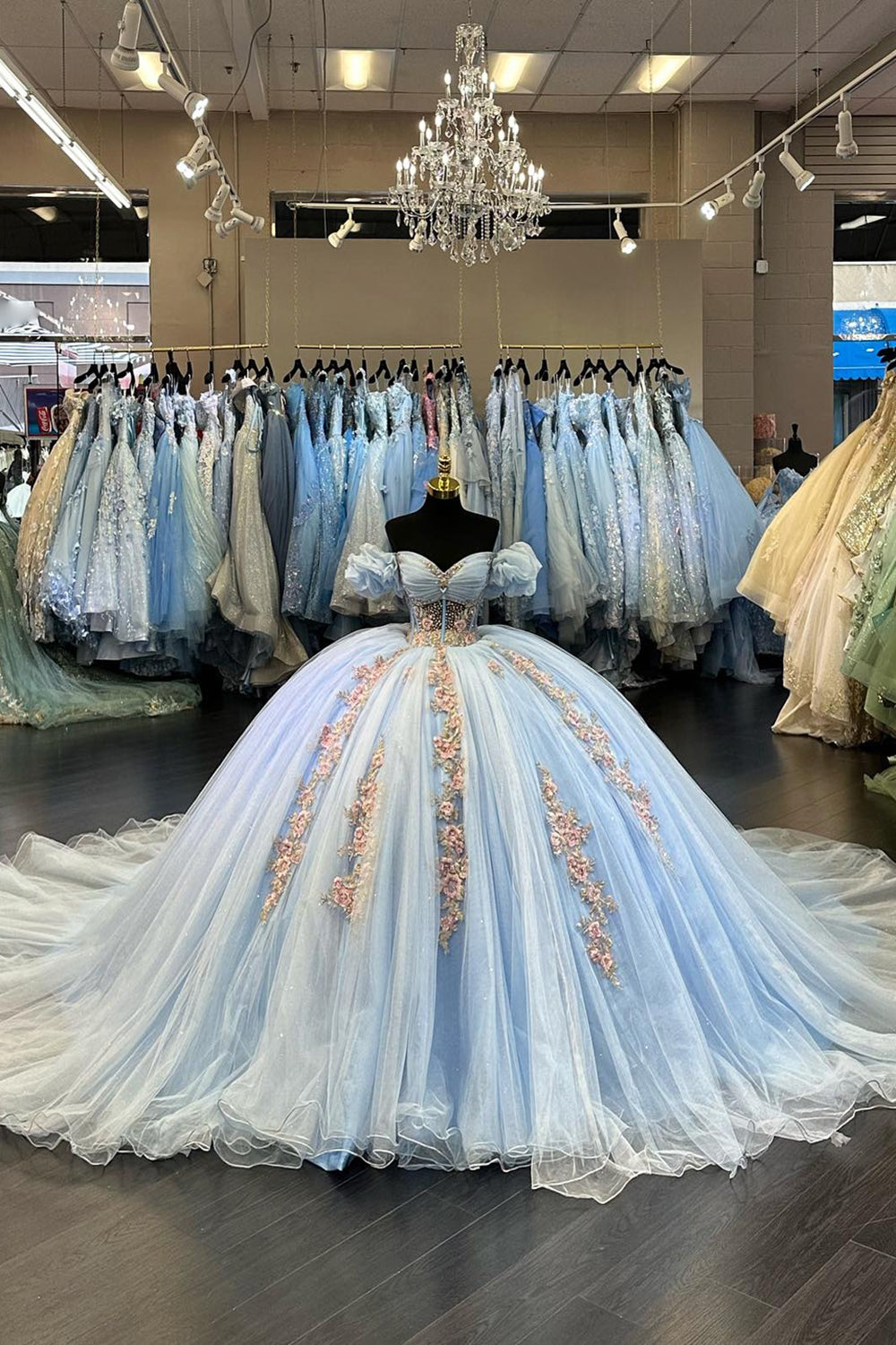 Light Blue Sparkly Floral Princess Tulle Quinceanera Dress with Off-the-Shoulder Applique