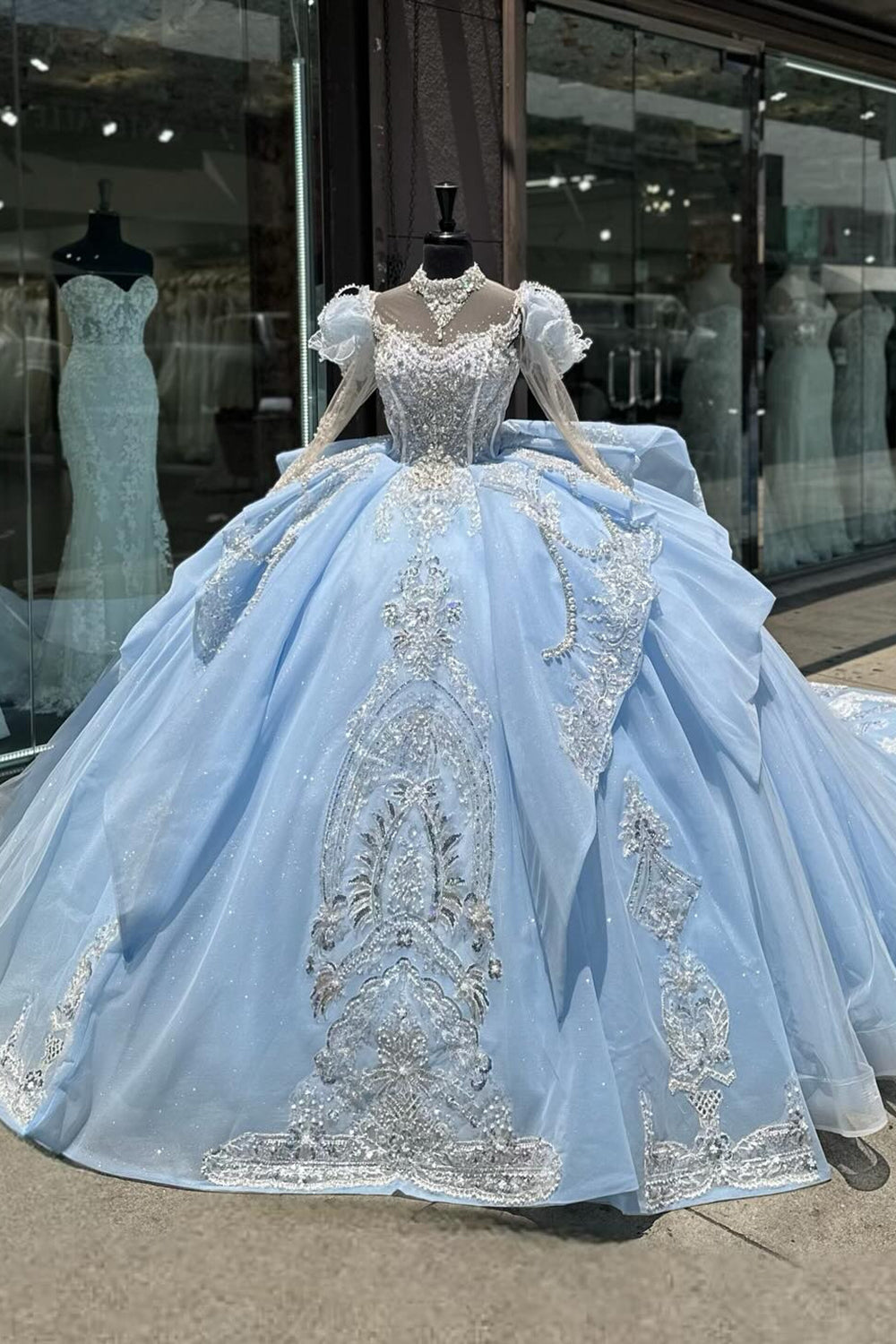Princess Quinceanera Dress in Light Blue with Sparkly Beaded Applique, High Neck, and Long Sleeves