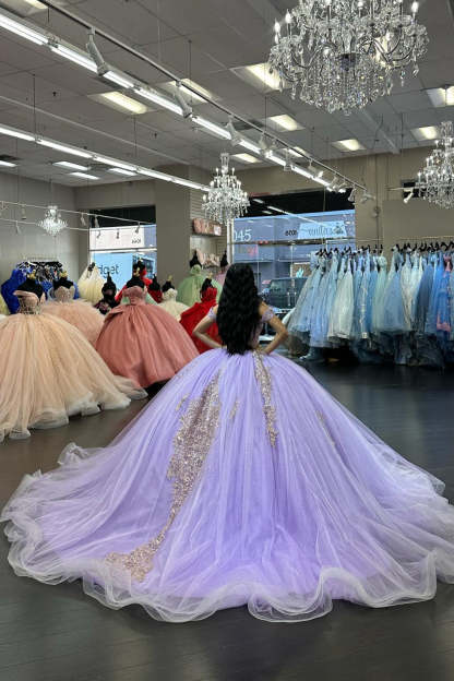 Off the Shoulder Lilac Tulle Ball Gown with Applique for Quinceanera