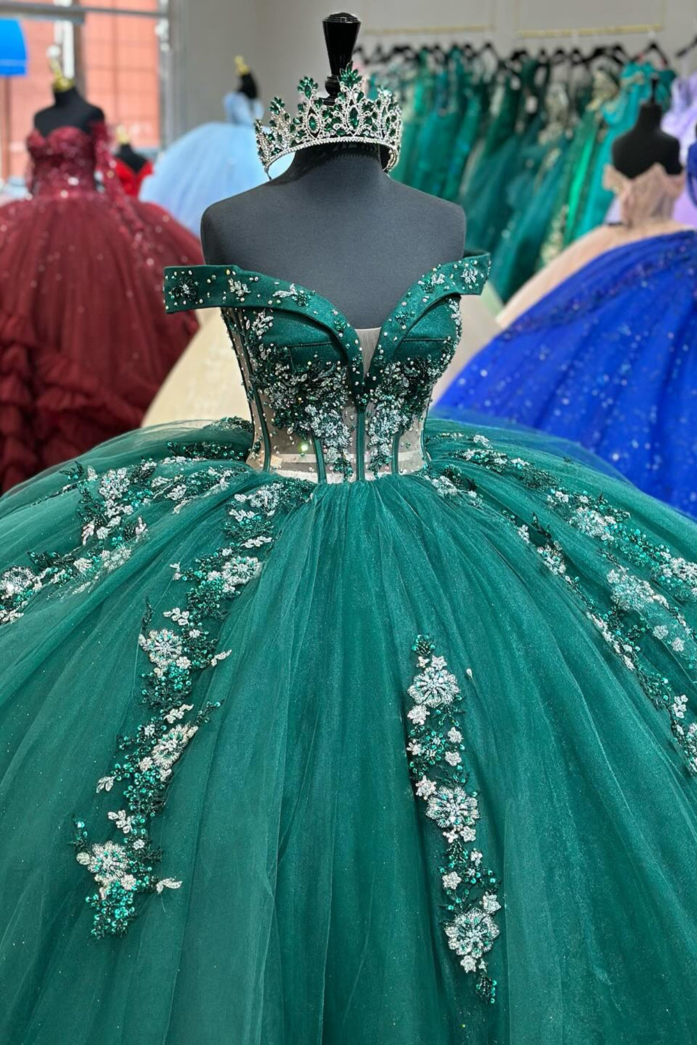 Off the Shoulder Dark Green Ball Gown with Beaded Applique and Tulle for Quinceanera