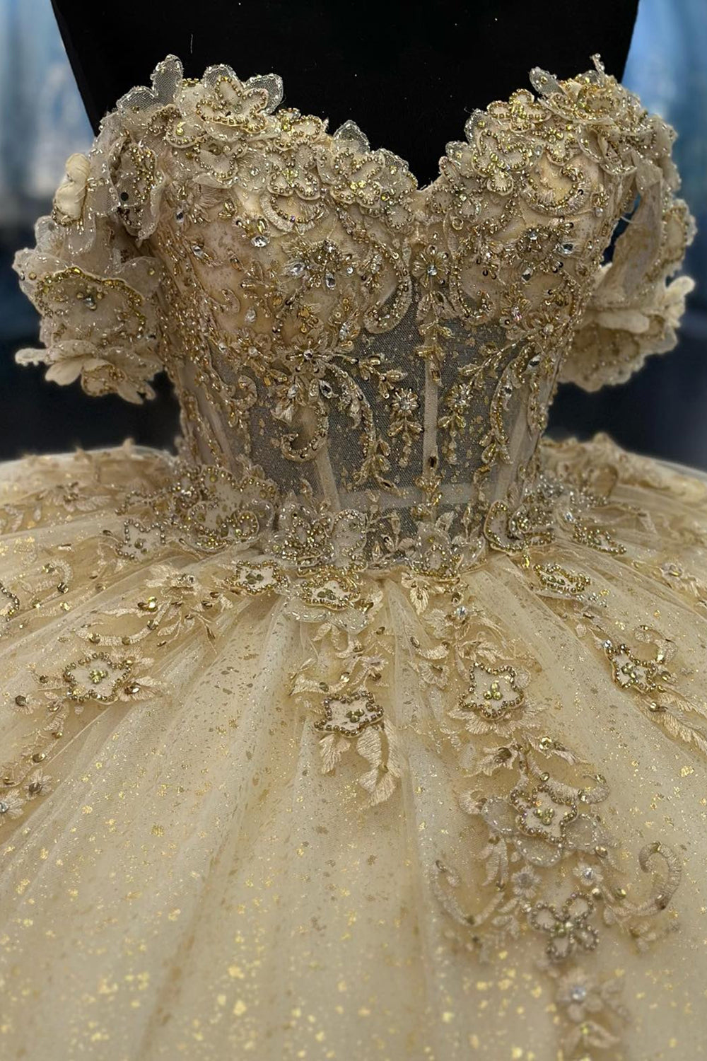Princess Quinceanera Dress in Sparkly Yellow with Off-Shoulder Beaded Tulle and Sequins
