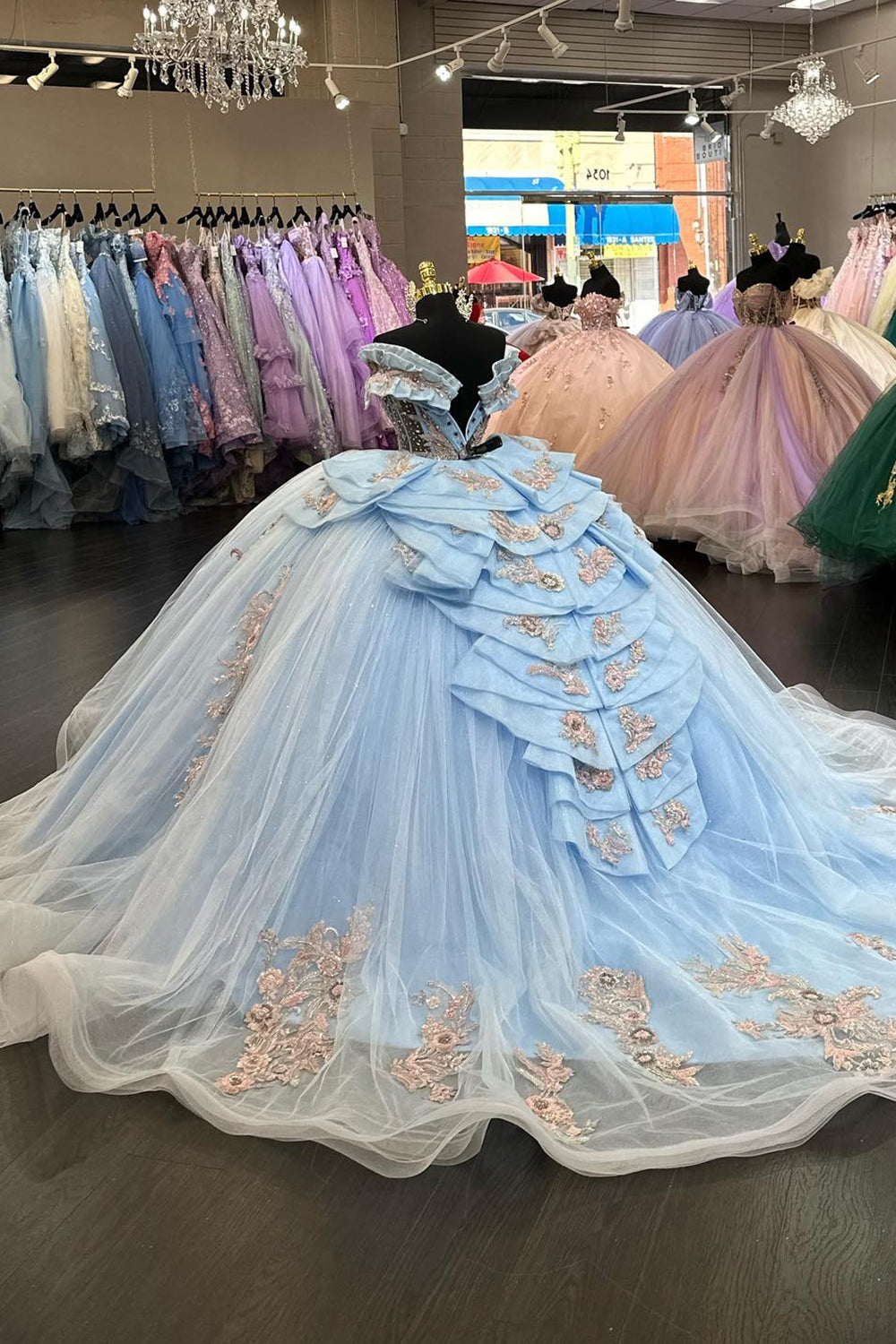 Princess Quinceanera Dress in Blue with Off-the-Shoulder Beaded Applique and Tulle