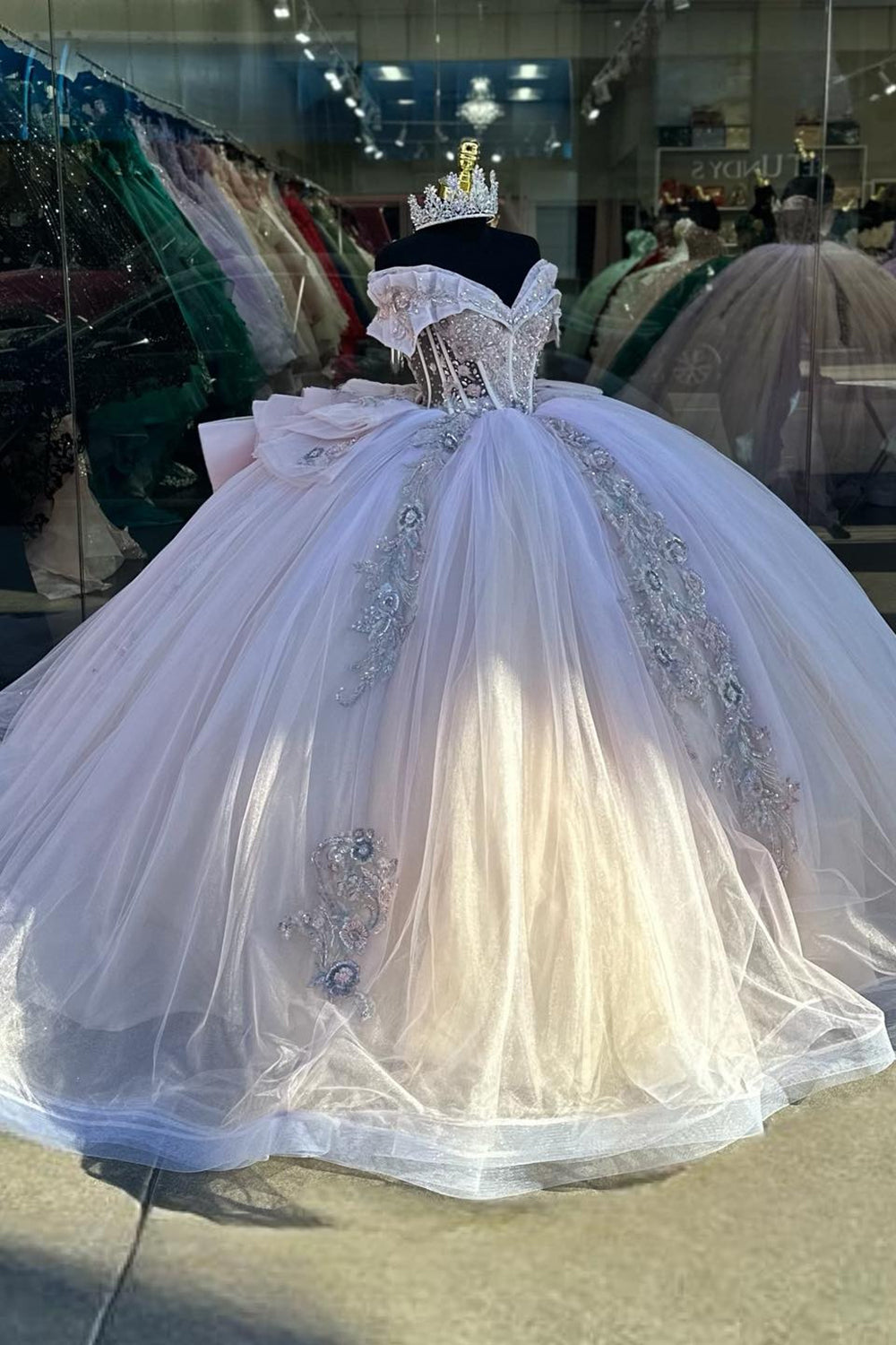Princess Quinceanera Dress in Blue with Off-the-Shoulder Beaded Applique and Tulle