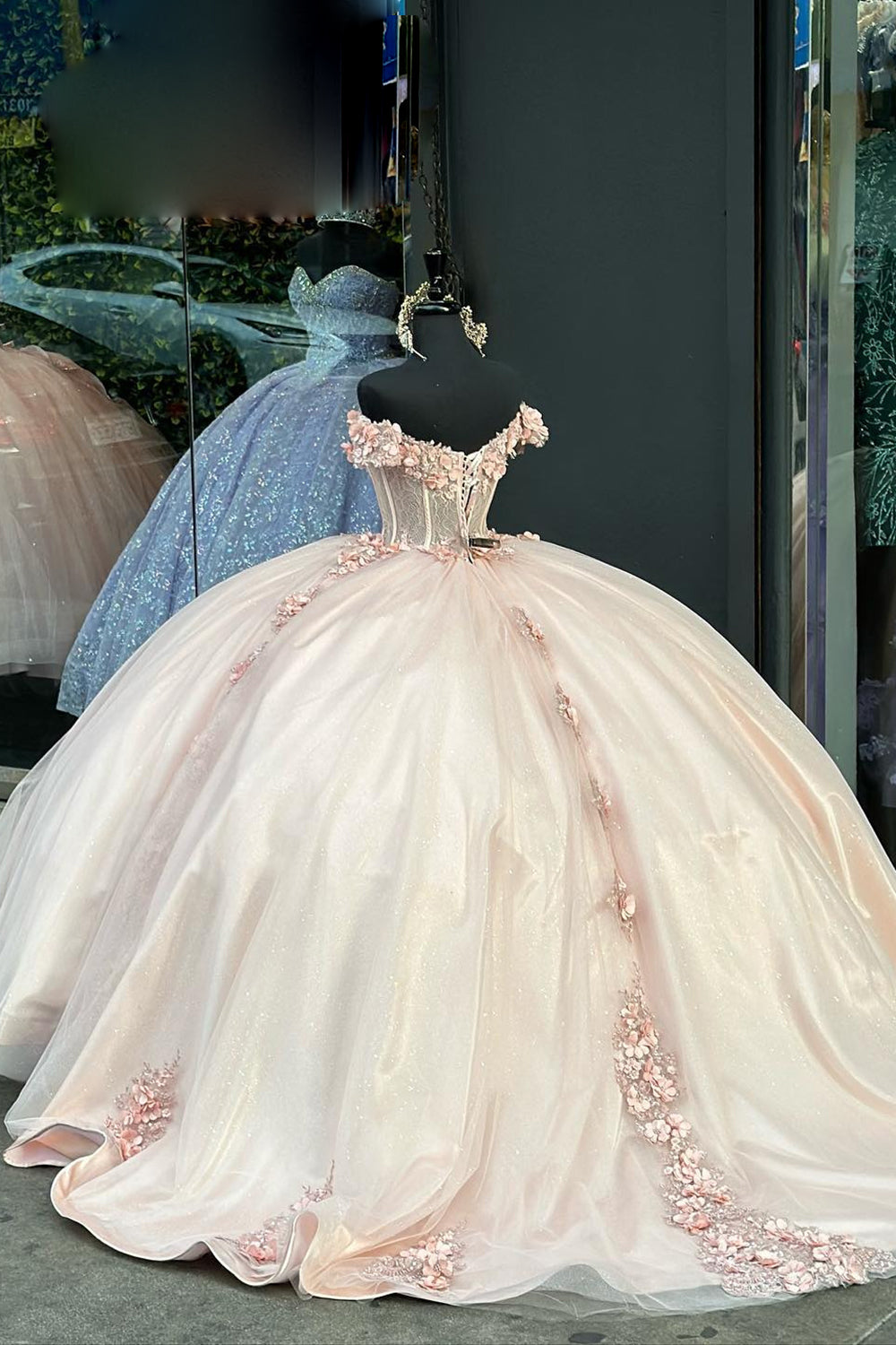 Sequined Blush Floral Off-Shoulder Ball Gown with Tulle Applique for Quinceanera