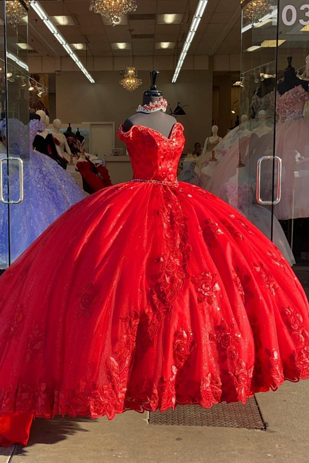 Beaded Off the Shoulder Quinceanera Gown in Sparkly Red Tulle