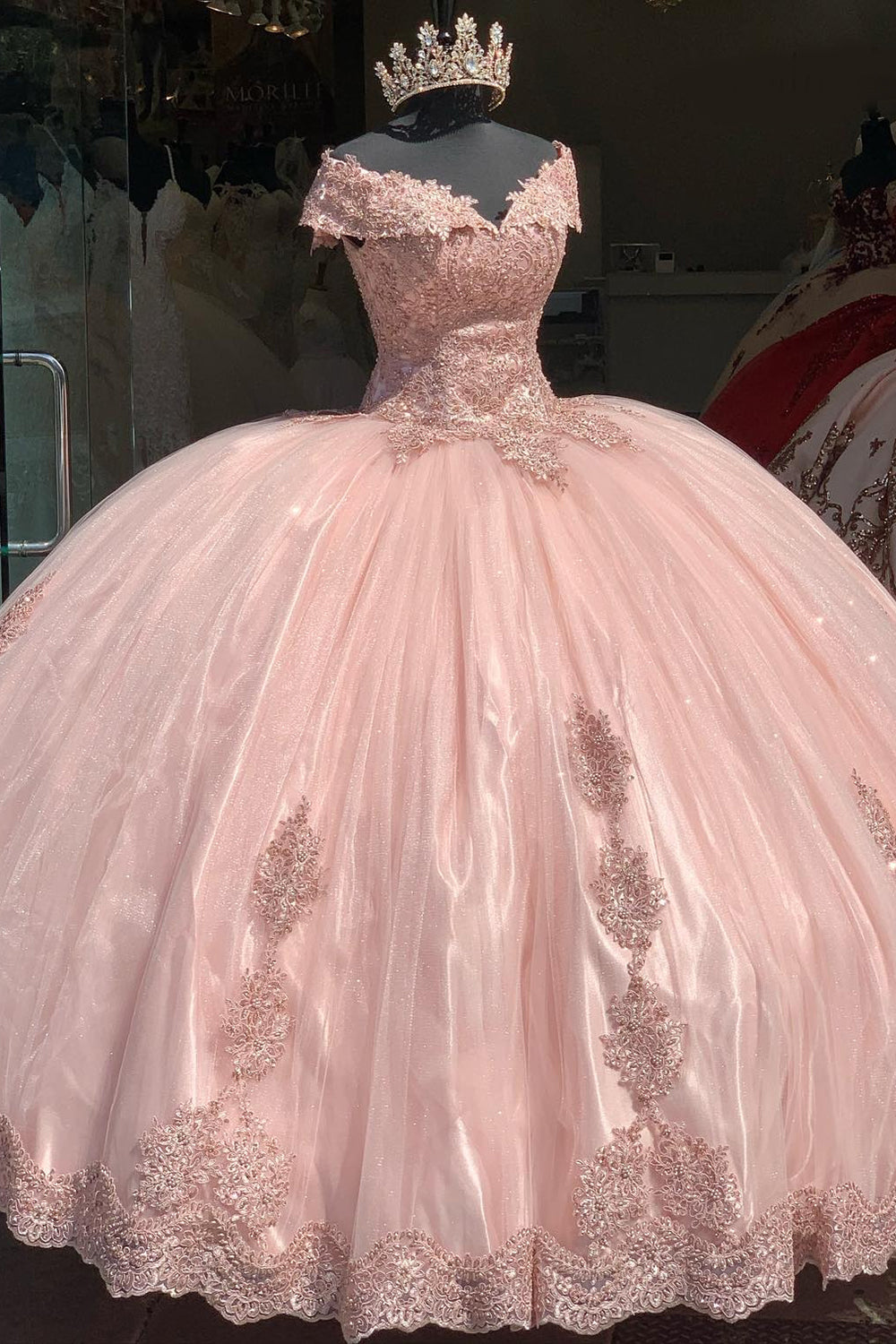 Off the Shoulder Sparkly Blush Ball Gown with Applique and Tulle for Quinceanera