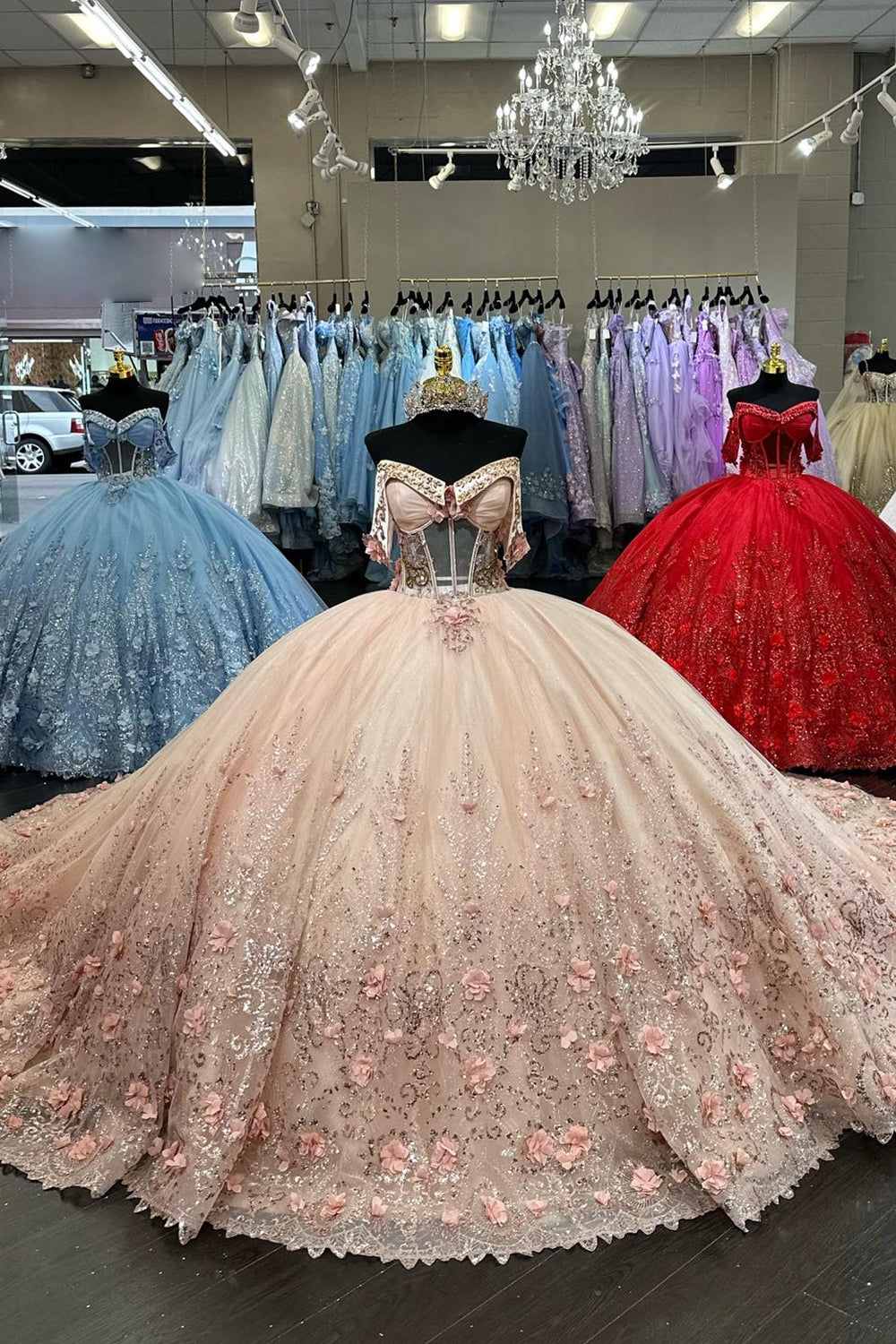 Princess Quinceanera Dress with Sparkly Blush Applique and Off-the-Shoulder Tulle