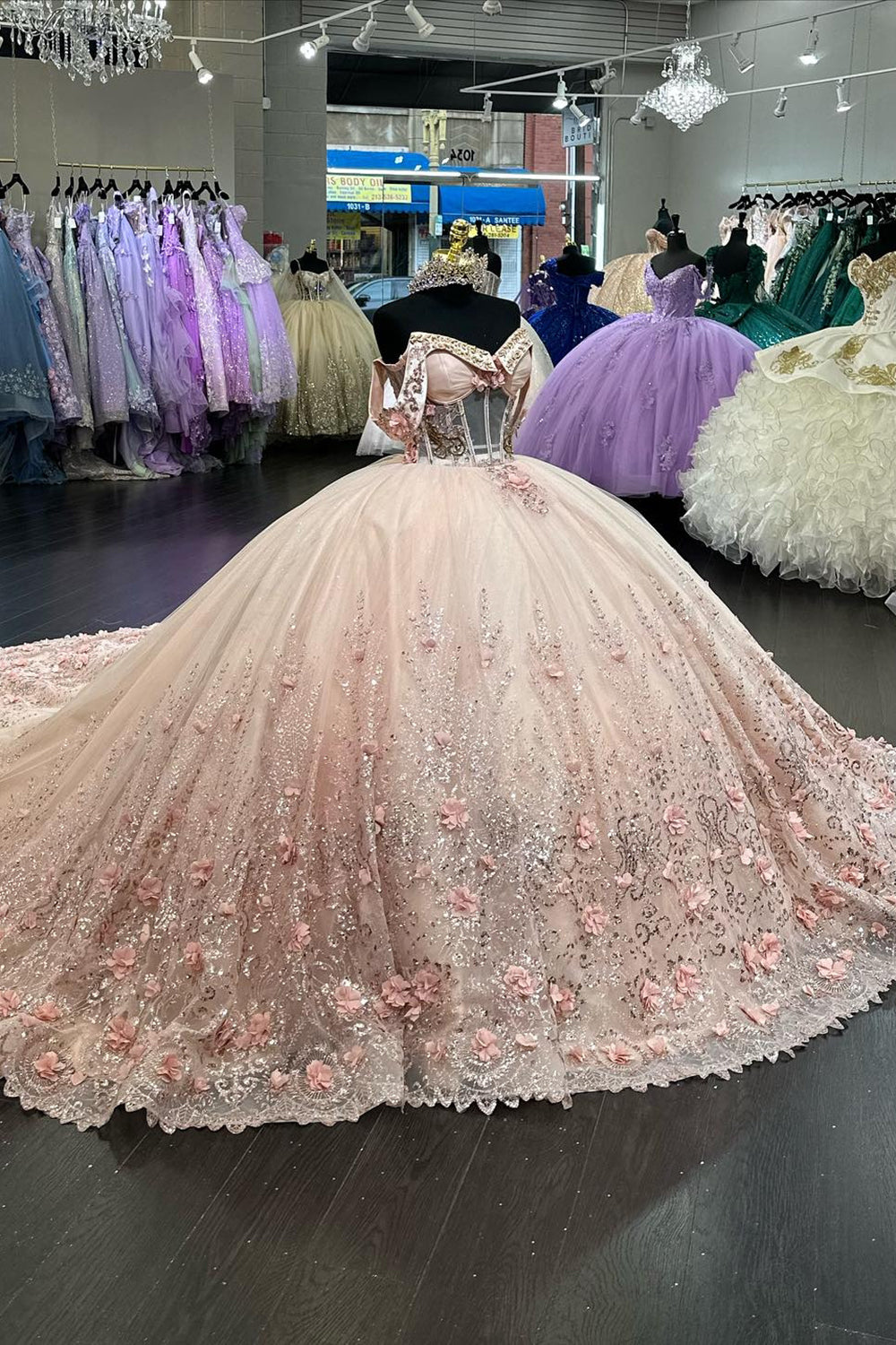 Princess Quinceanera Dress with Sparkly Blush Applique and Off-the-Shoulder Tulle