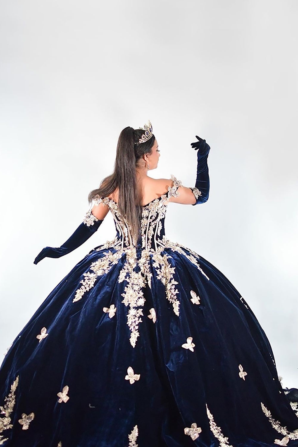 Velvet Quinceanera Ball Gown in Burgundy with Off-the-Shoulder Appliques