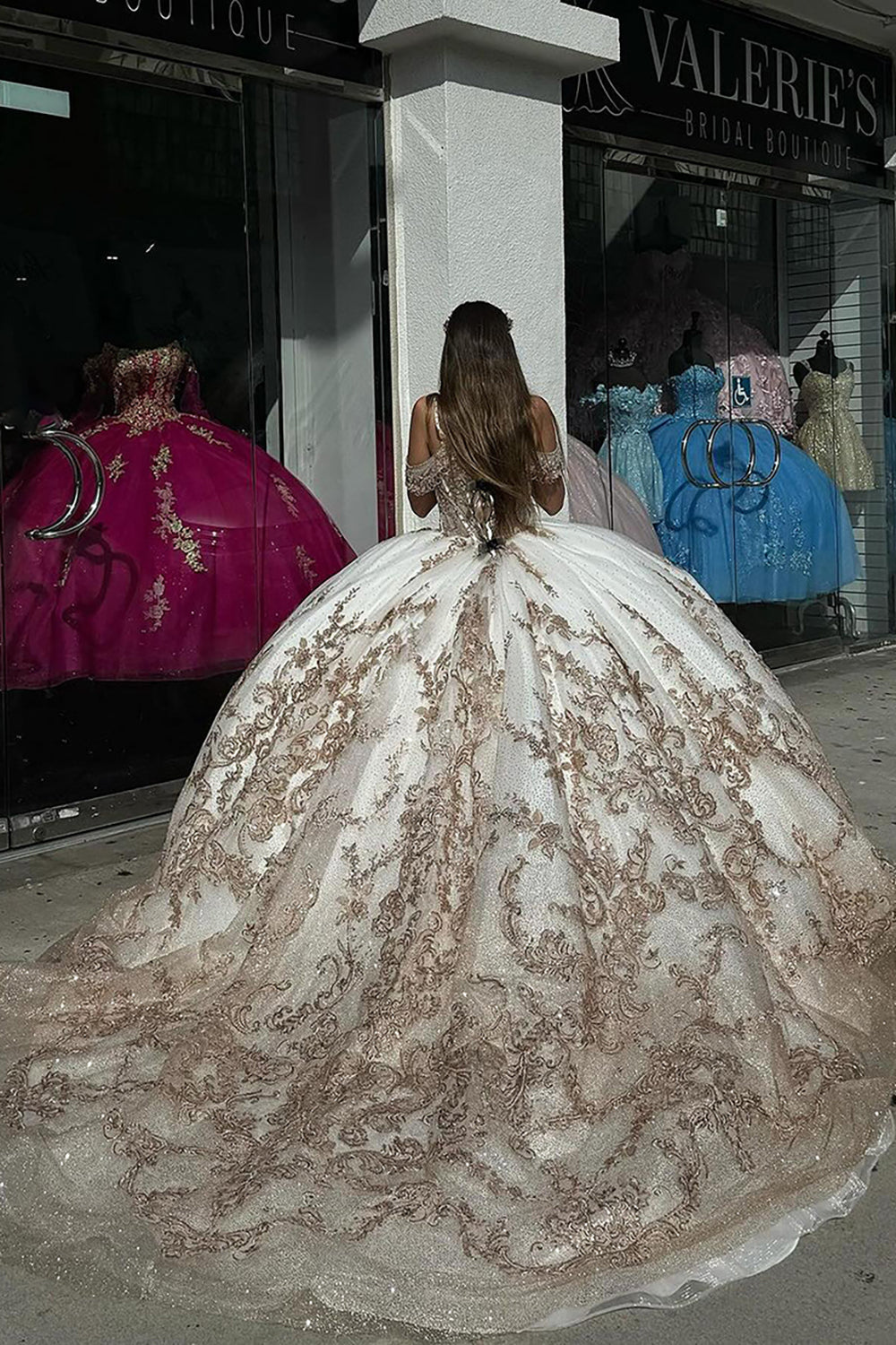 Golden Ivory Cold Shoulder Ball Gown with Sparkly Sequins for Quinceanera