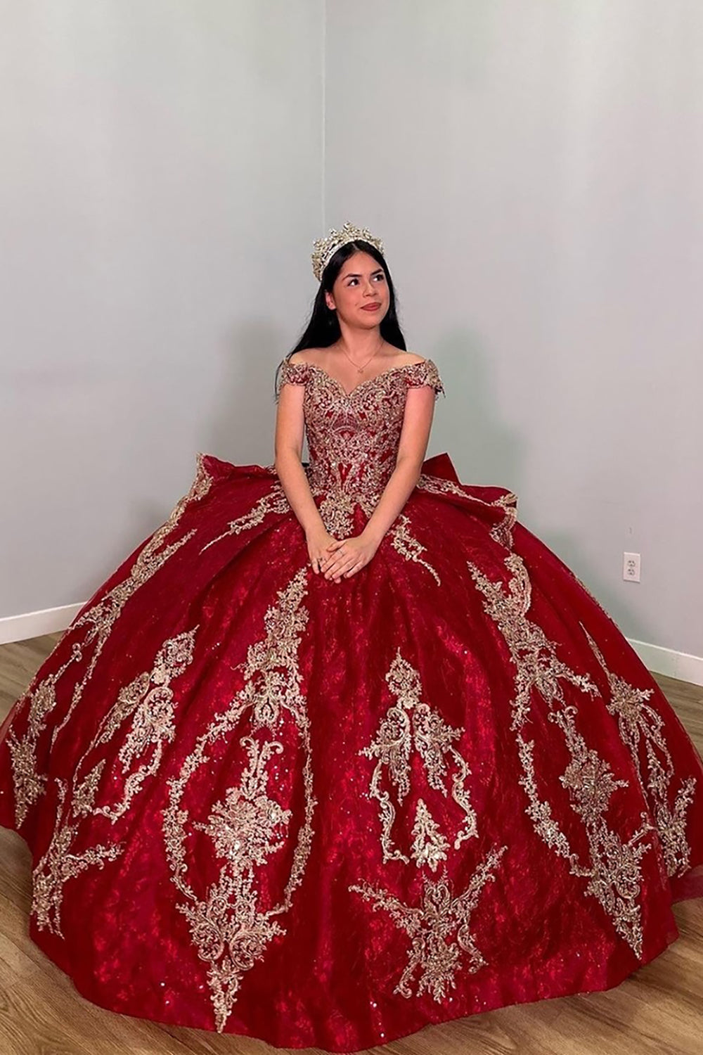 Burgundy Sparkle Off-Shoulder Quinceanera Ball Gown Featuring Appliques