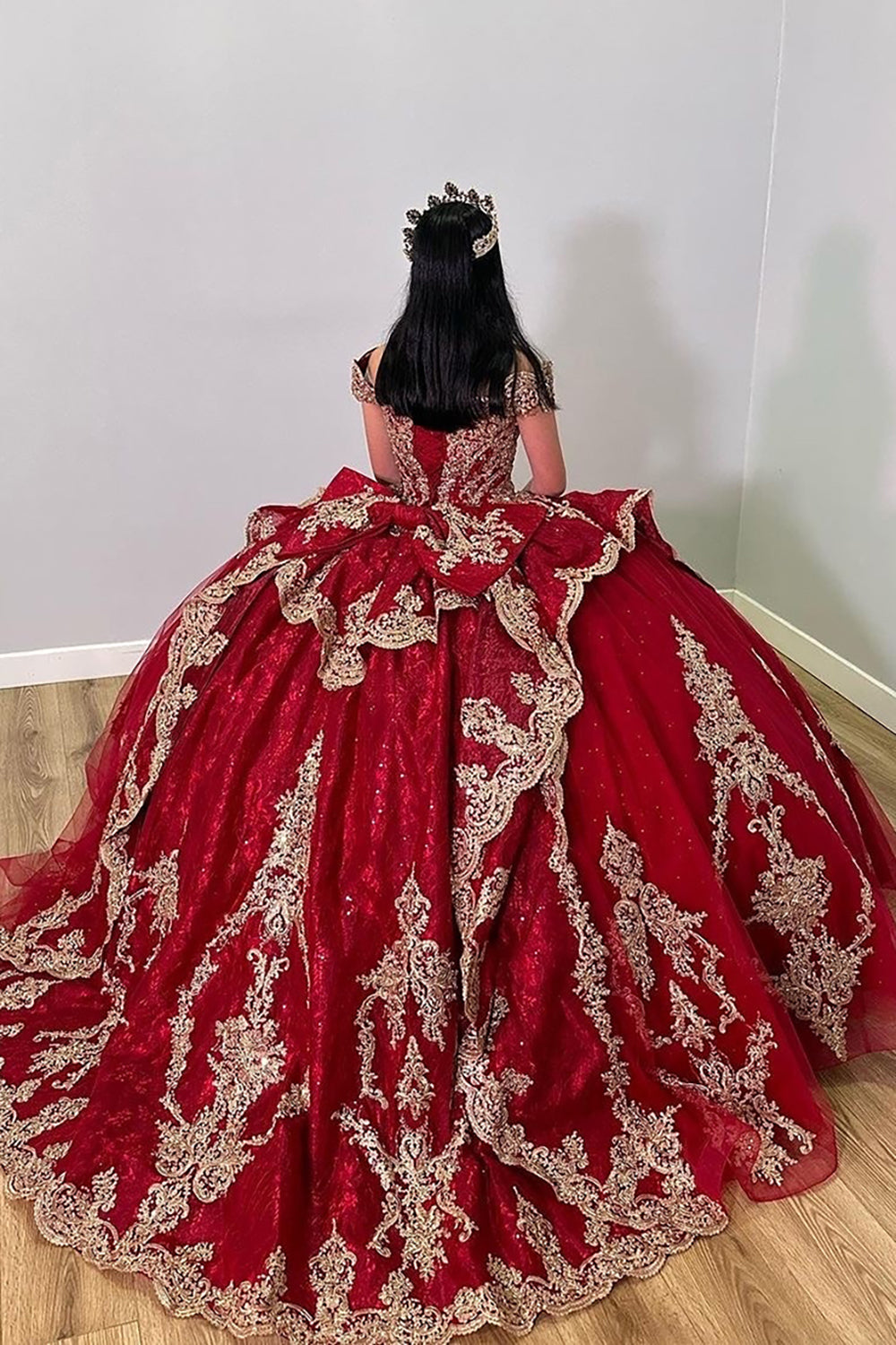 Burgundy Sparkle Off-Shoulder Quinceanera Ball Gown Featuring Appliques