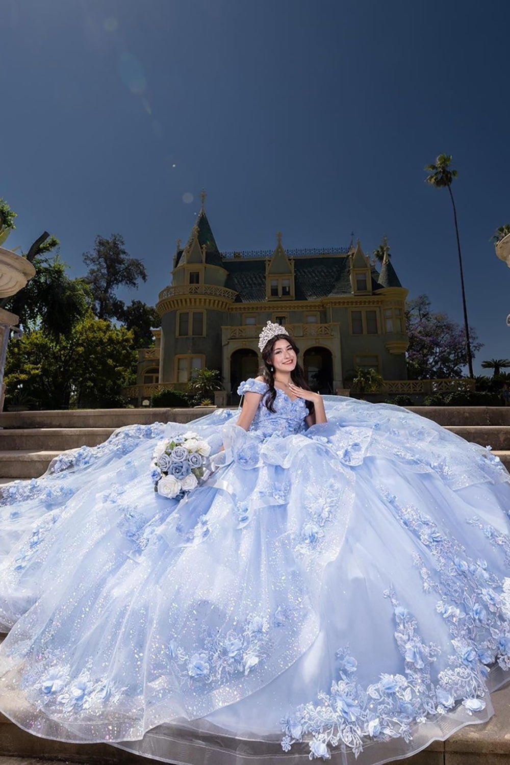 Light Blue Sparkly Off-the-Shoulder Quinceanera Ball Gown in Tulle with Appliques