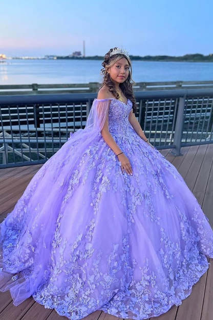 Lavender Sparkle Princess Quinceanera Dress with Appliques and Off-the-Shoulder Cape