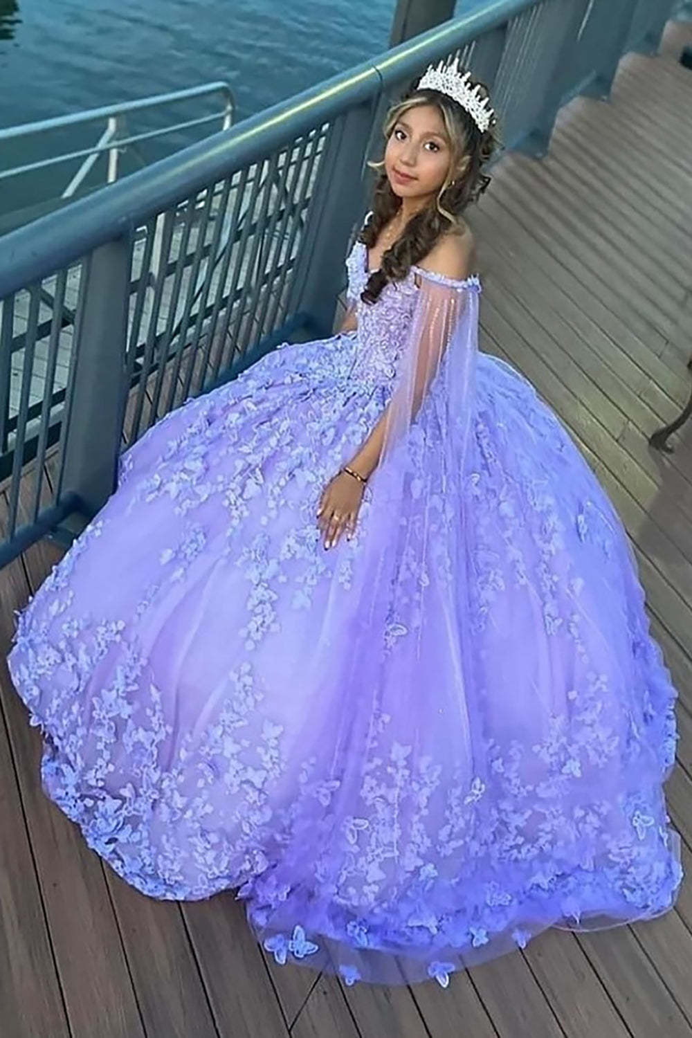 Lavender Sparkle Princess Quinceanera Dress with Appliques and Off-the-Shoulder Cape