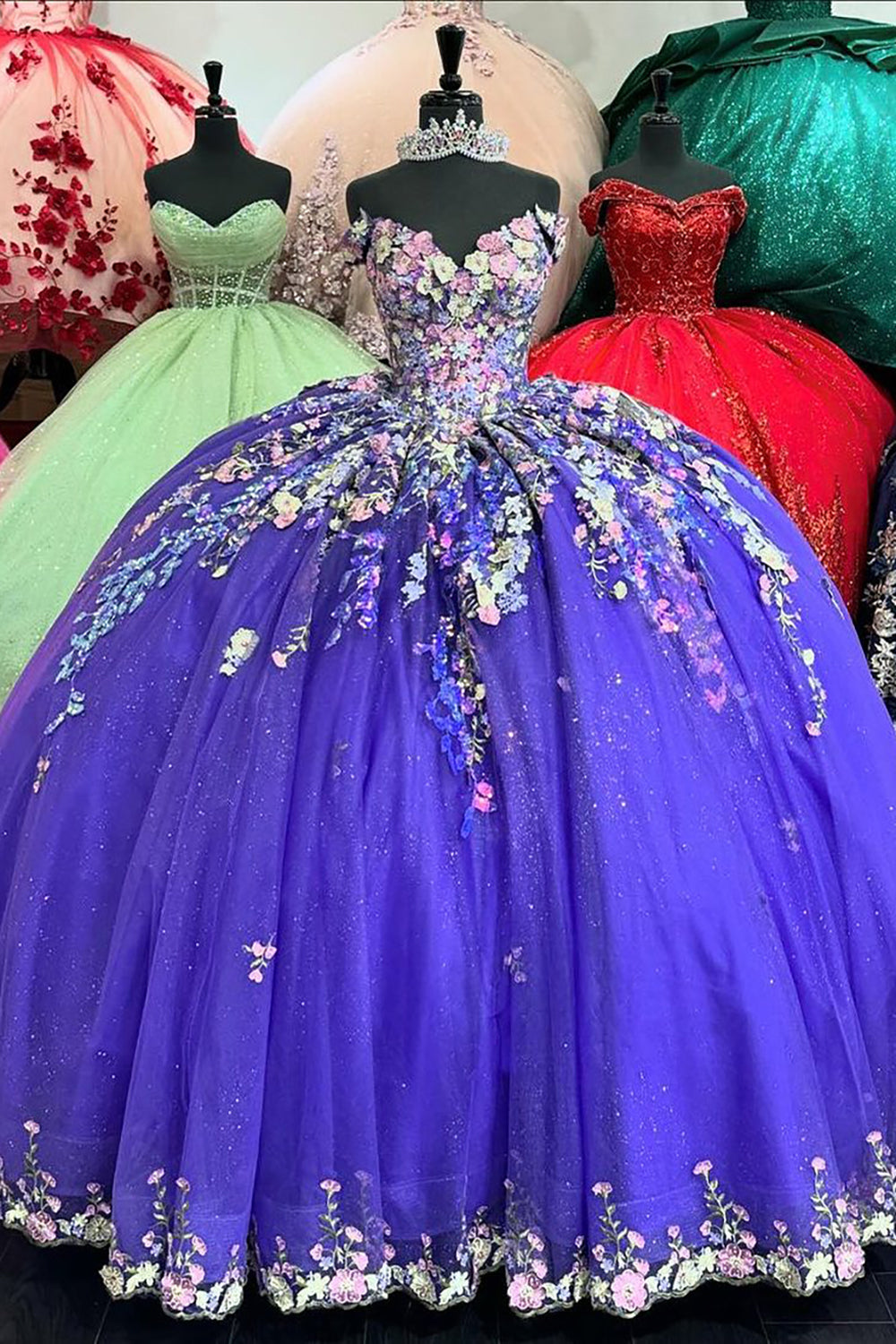 Quinceanera Ball Gown in Blue Tulle with Colorful Appliques, Off the Shoulder