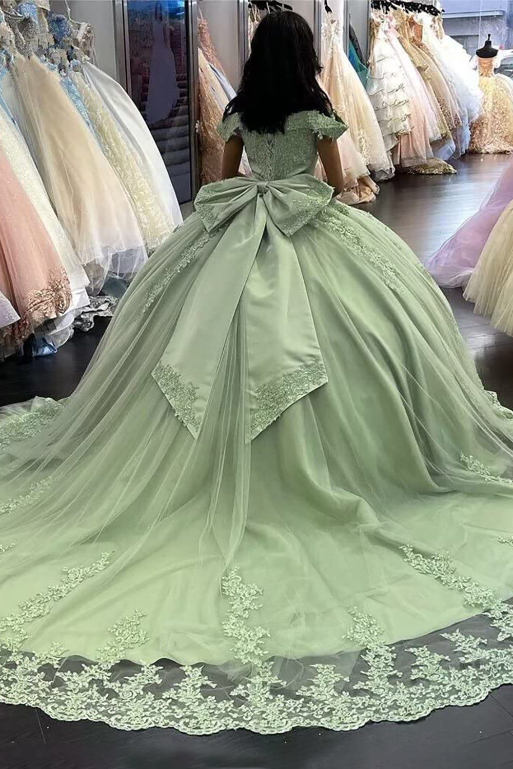 Off-the-Shoulder Sage Ball Gown with Applique and Train for Quinceanera