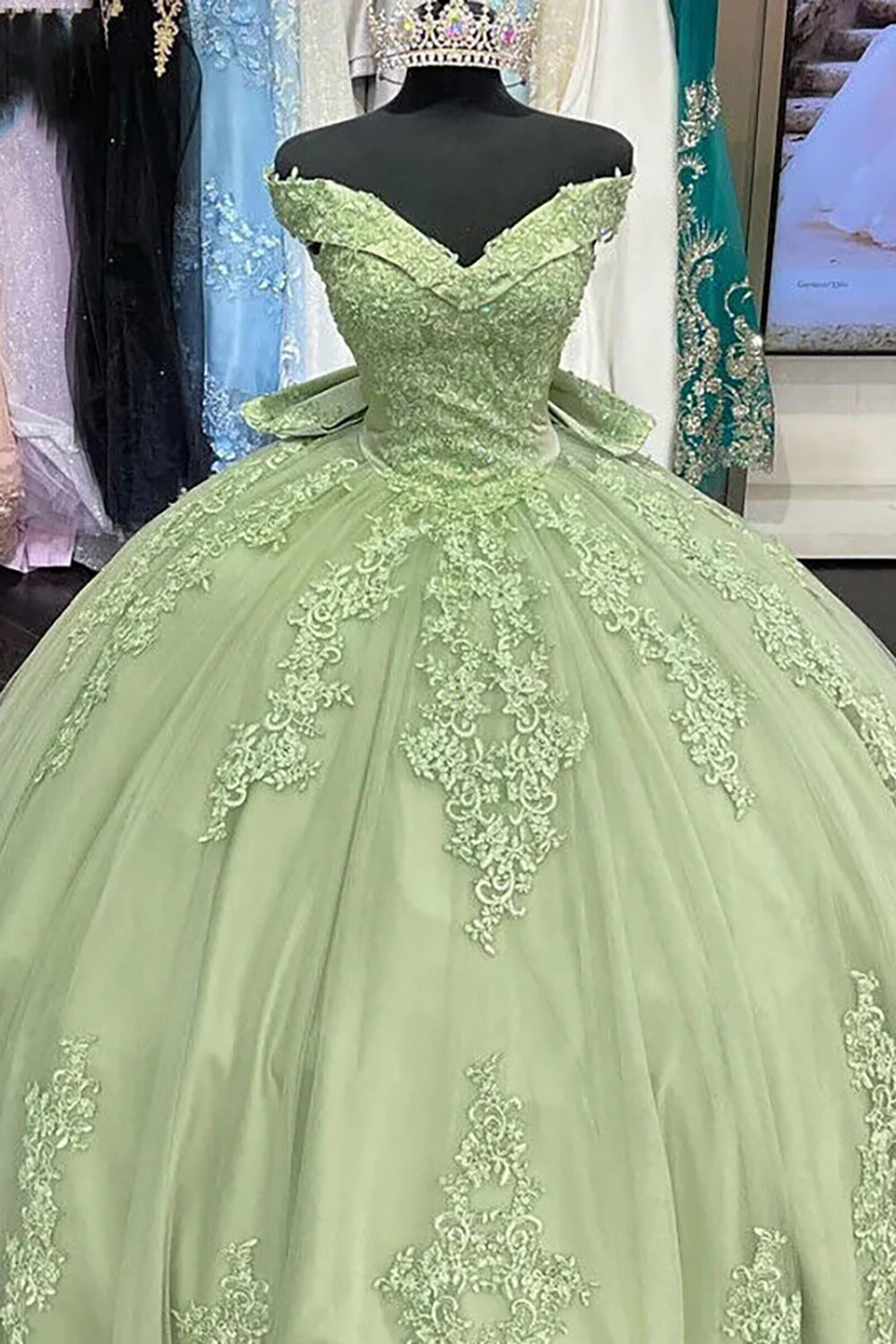 Off-the-Shoulder Sage Ball Gown with Applique and Train for Quinceanera