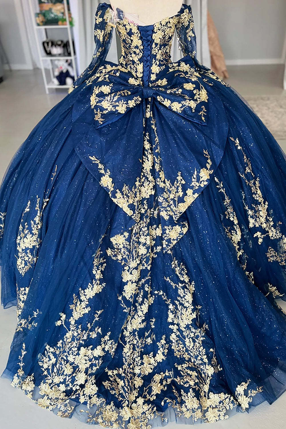 Golden Navy Off-the-Shoulder Ball Gown with Long Sleeves and Appliques for Quinceanera