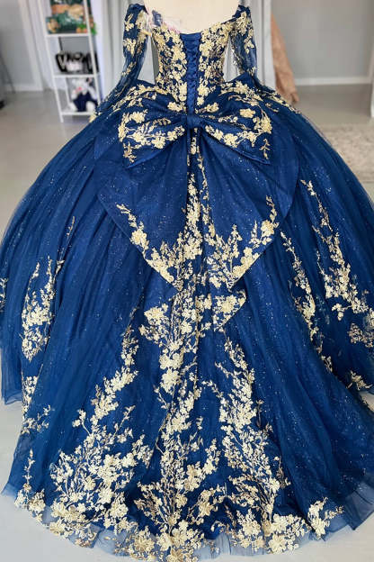 Golden Navy Off-the-Shoulder Ball Gown with Long Sleeves and Appliques for Quinceanera