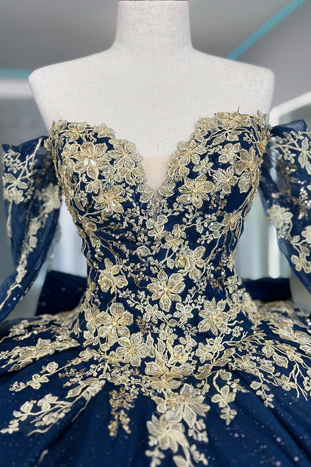 Golden Navy Off-the-Shoulder Ball Gown with Long Sleeves and Appliques for Quinceanera