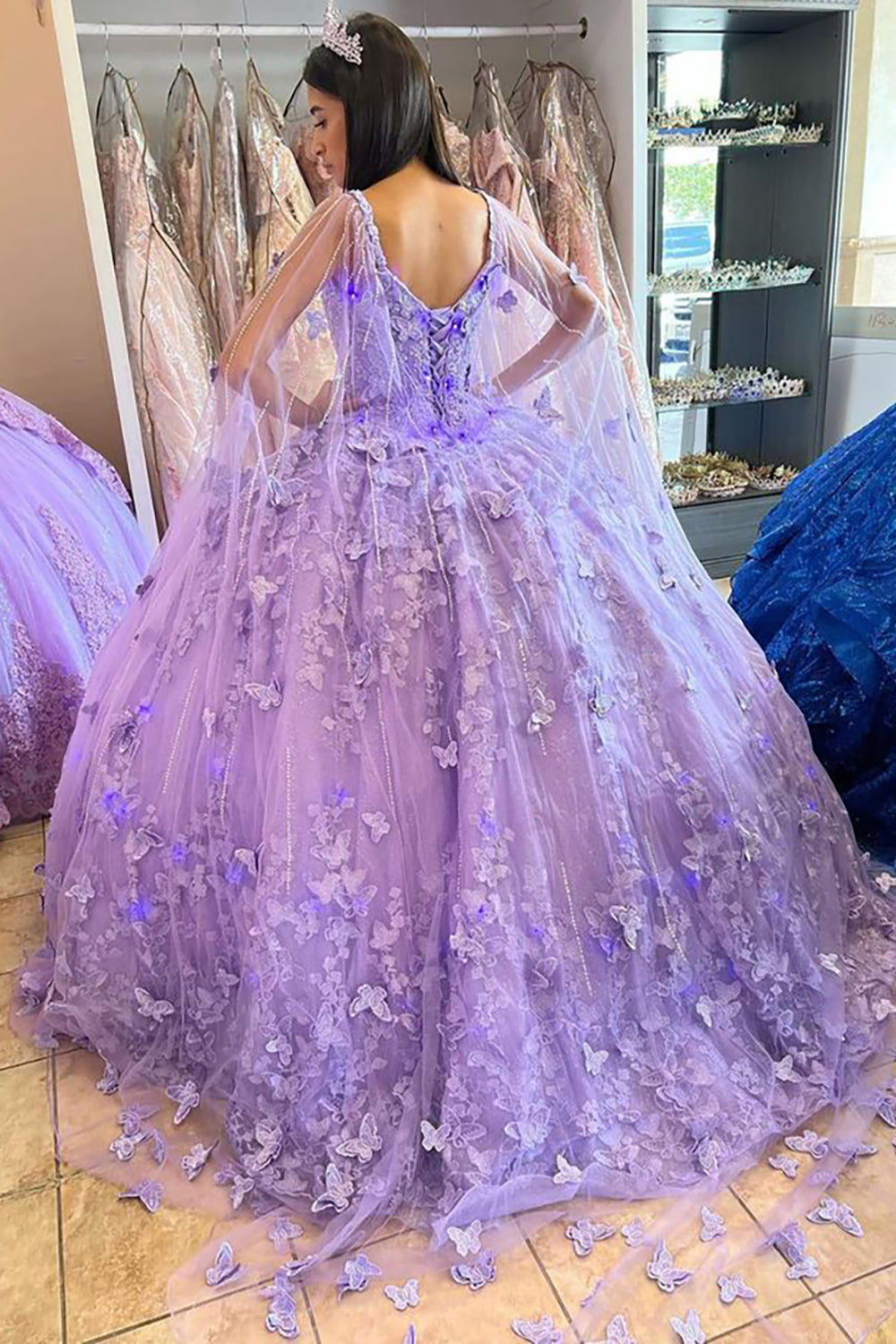 Quinceanera Dress in Lilac with Caped Tulle and Spaghetti Straps, Featuring Appliques