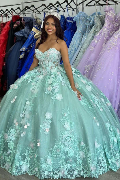 Sweetheart Ball Gown in Sage Green Tulle with Appliques for Quinceanera
