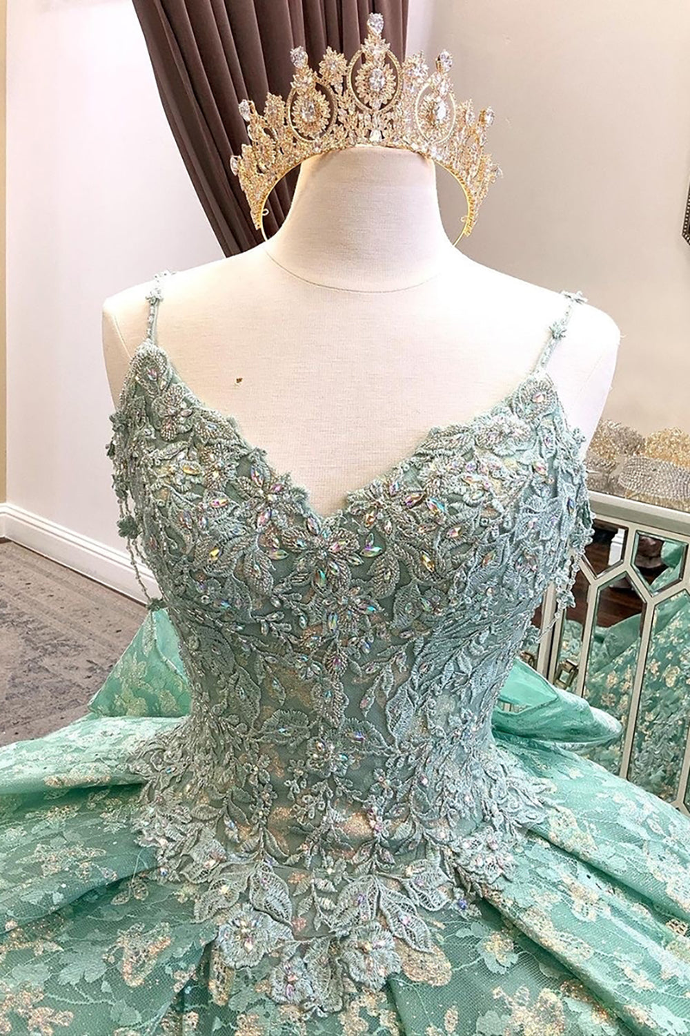 Floral Applique Quinceanera Dress in Sage Green with Spaghetti Straps and Tulle Ball Gown