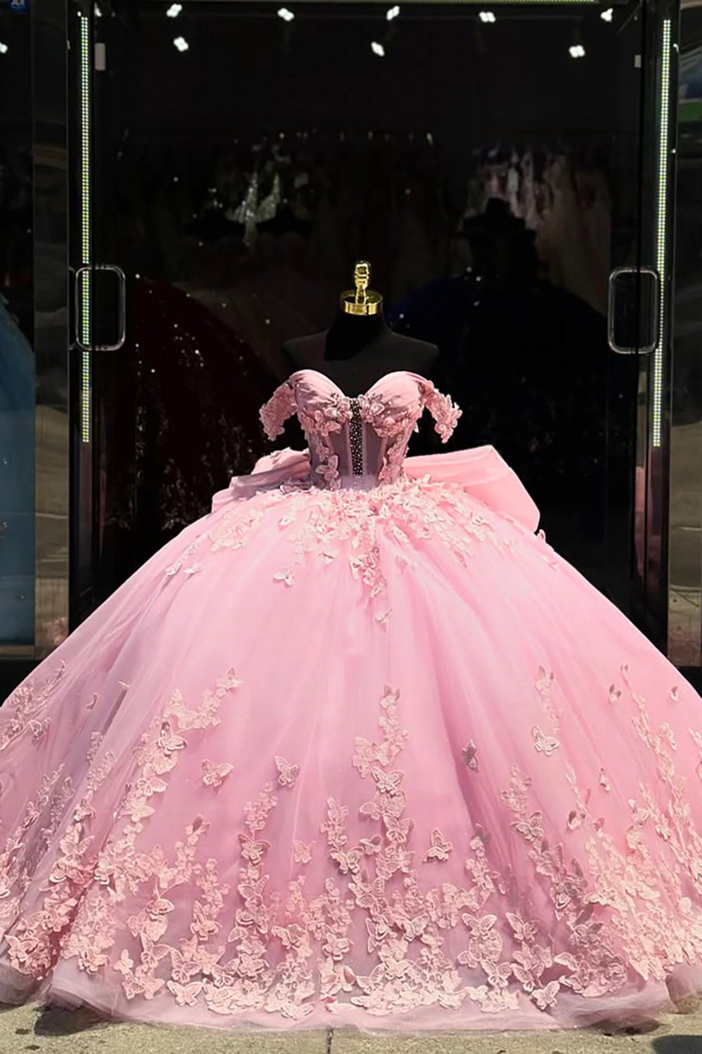 Quinceanera Ball Gown in Pink with Off-Shoulder Design and 3D Butterflies on Tulle