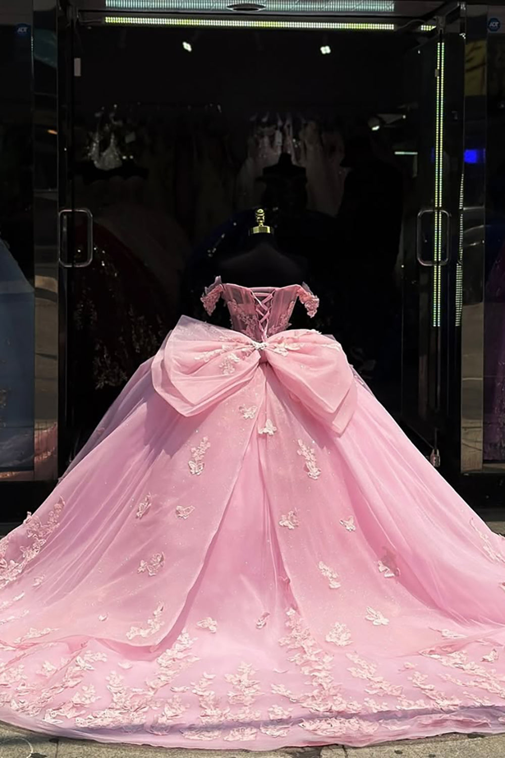 Quinceanera Ball Gown in Pink with Off-Shoulder Design and 3D Butterflies on Tulle