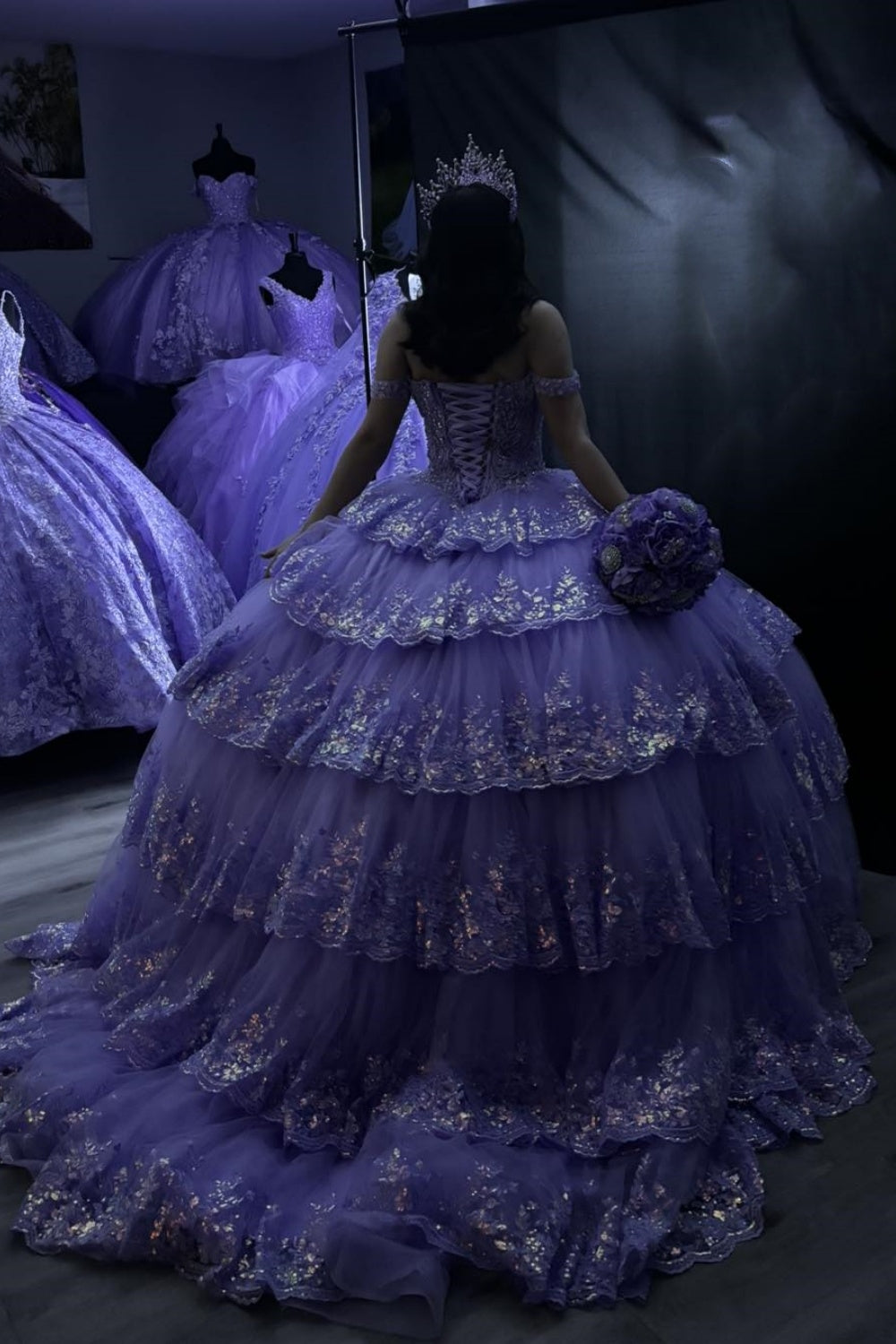 Red Sparkle Off-Shoulder Tiered Tulle Quinceanera Dress with Sequins