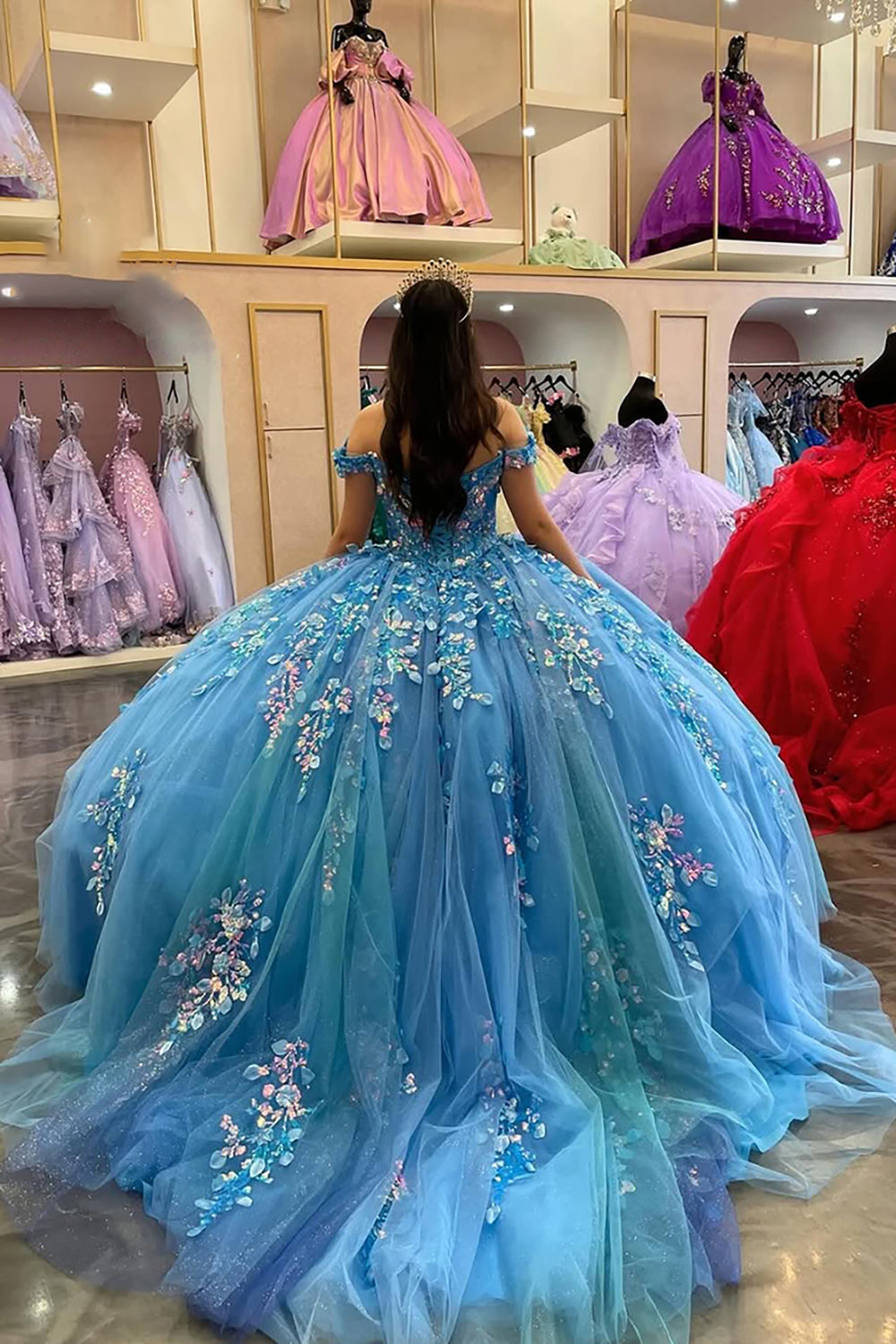 Princess Quinceanera Dress in Blue with Off-the-Shoulder Tulle and Appliques
