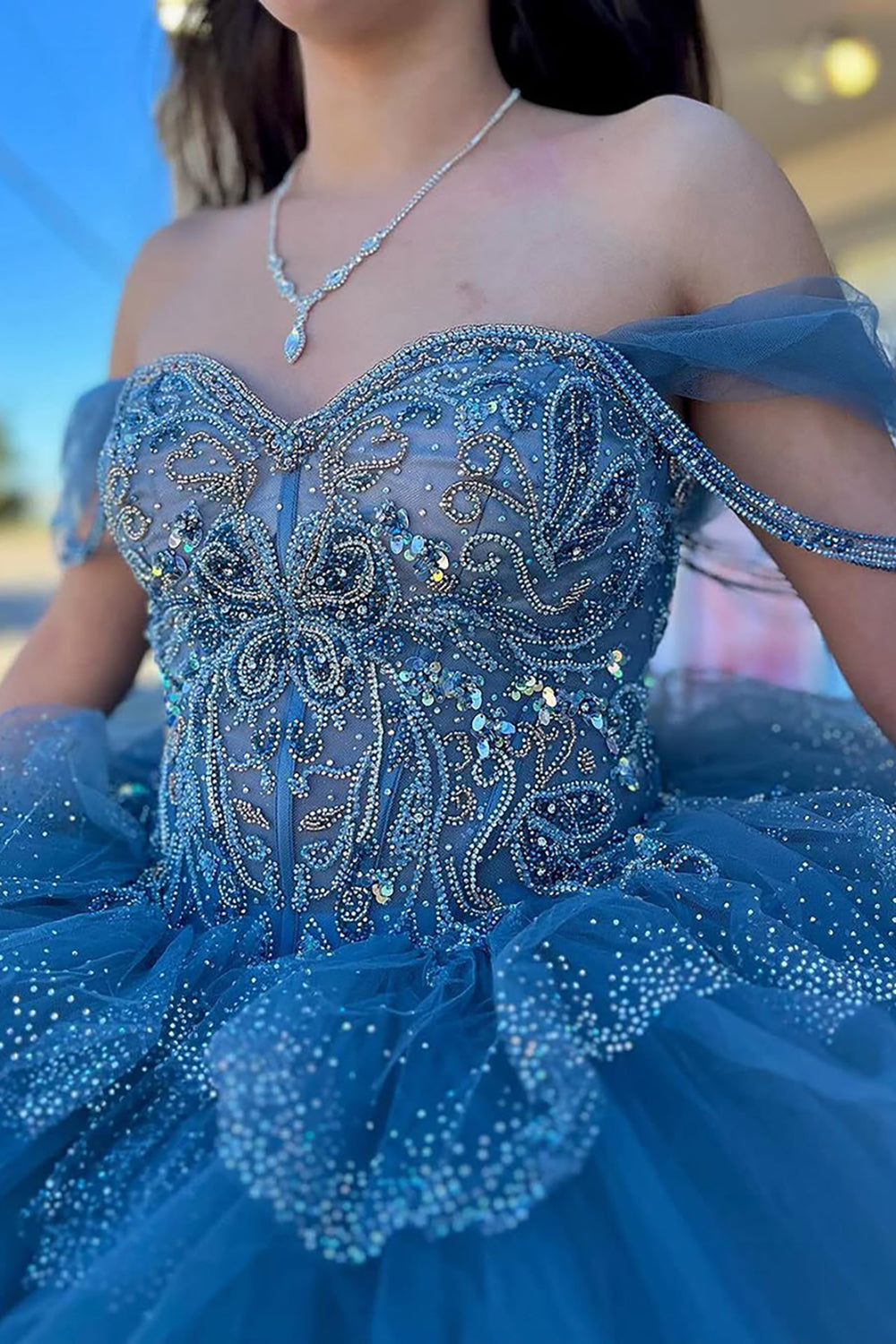 Blue Glitter Beaded Quinceanera Dress with Off-Shoulder Tulle Tiered Ball Gown