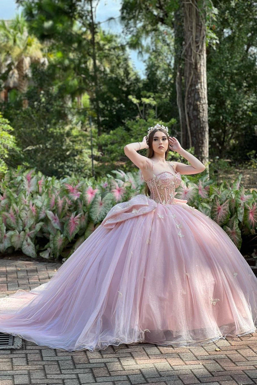 Quinceanera Dress in Blush Pink with Spaghetti Straps, Tulle Applique, and Bow