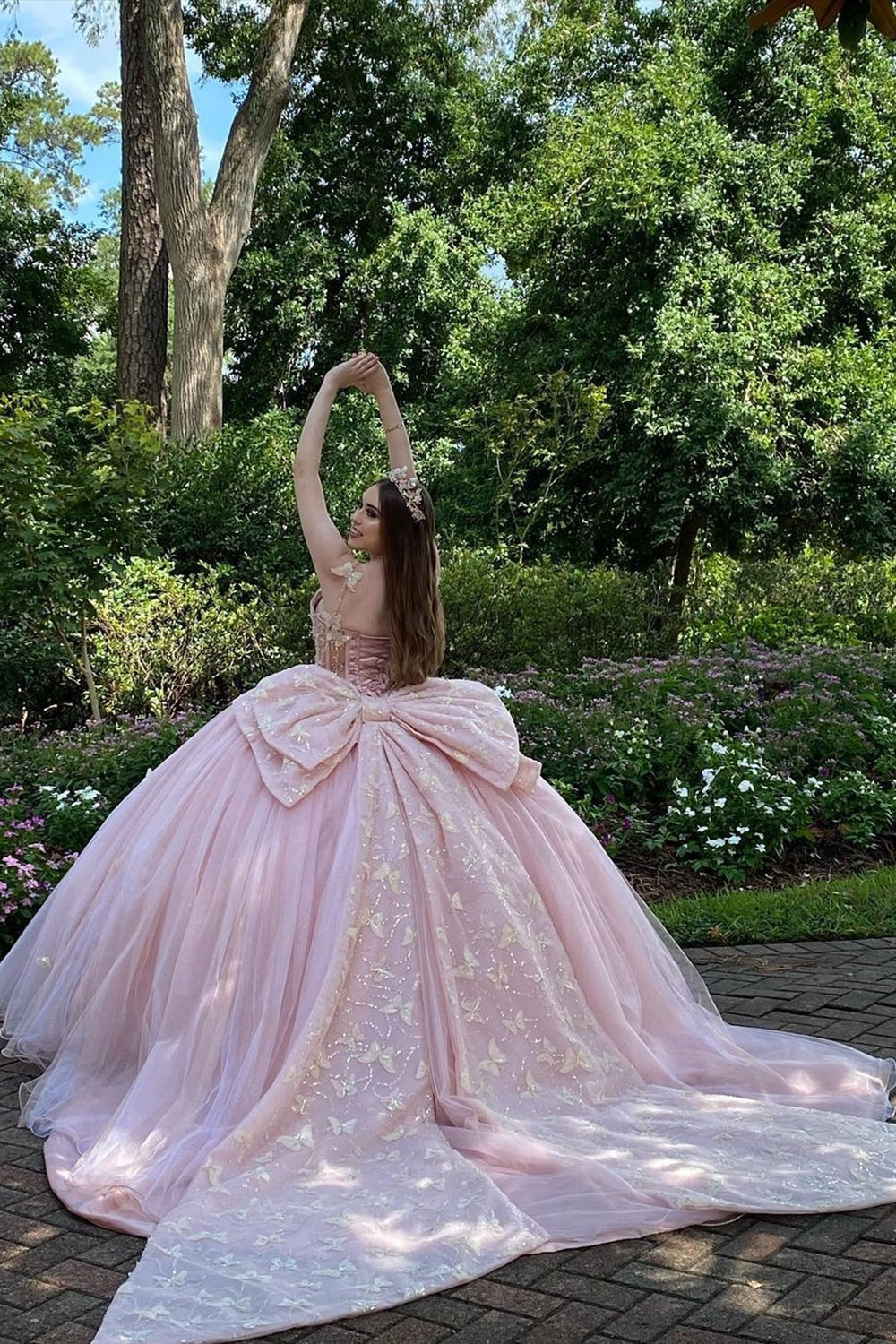 Quinceanera Dress in Blush Pink with Spaghetti Straps, Tulle Applique, and Bow
