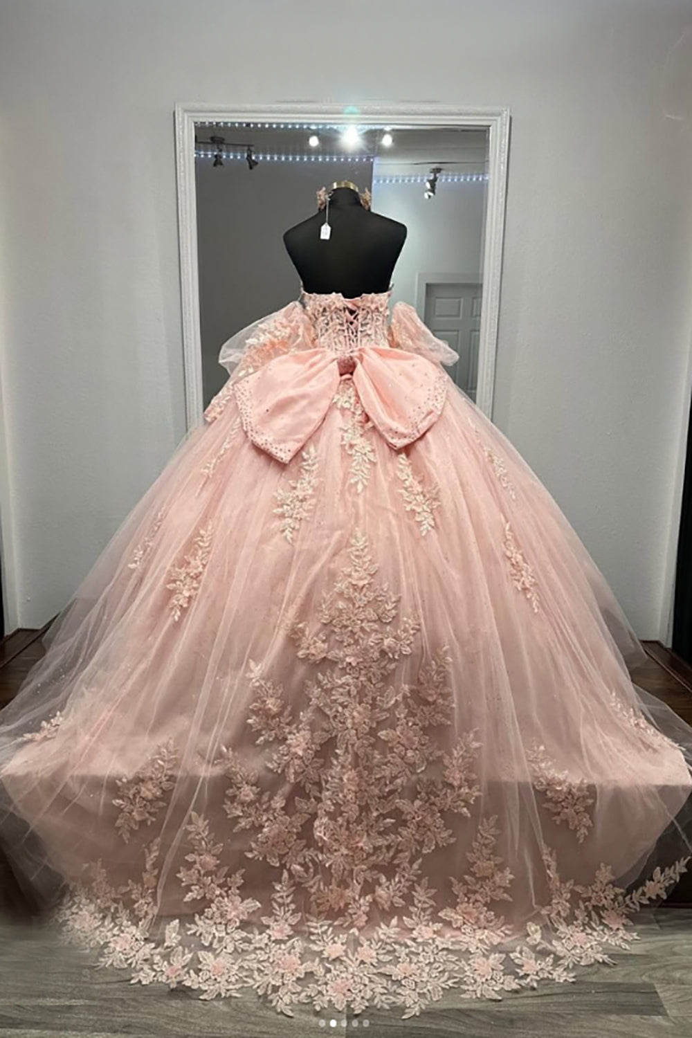 Sweetheart Princess Quinceanera Dress in Sparkly Blush Pink with Tulle Applique and Bow