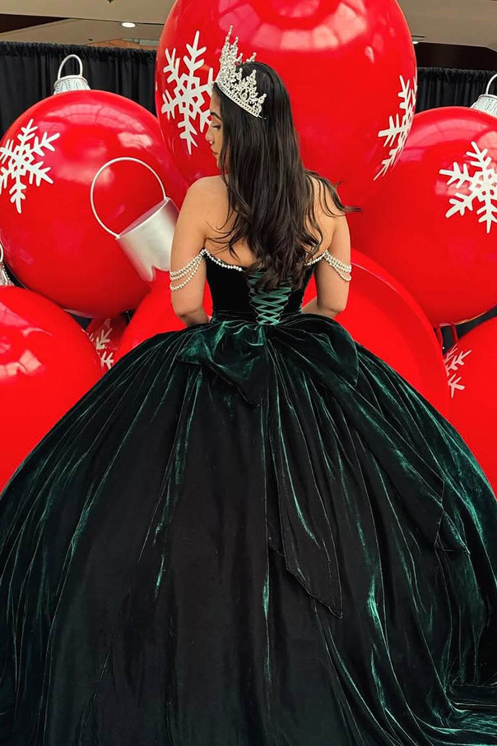 Velvet Quinceanera Ball Gown in Pine Green with Off-the-Shoulder Bow