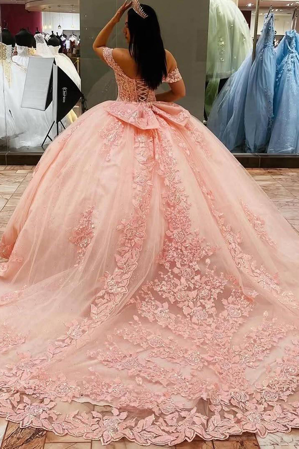 Off-the-Shoulder Blush Pink Tulle Quinceanera Ball Gown with Applique and Train