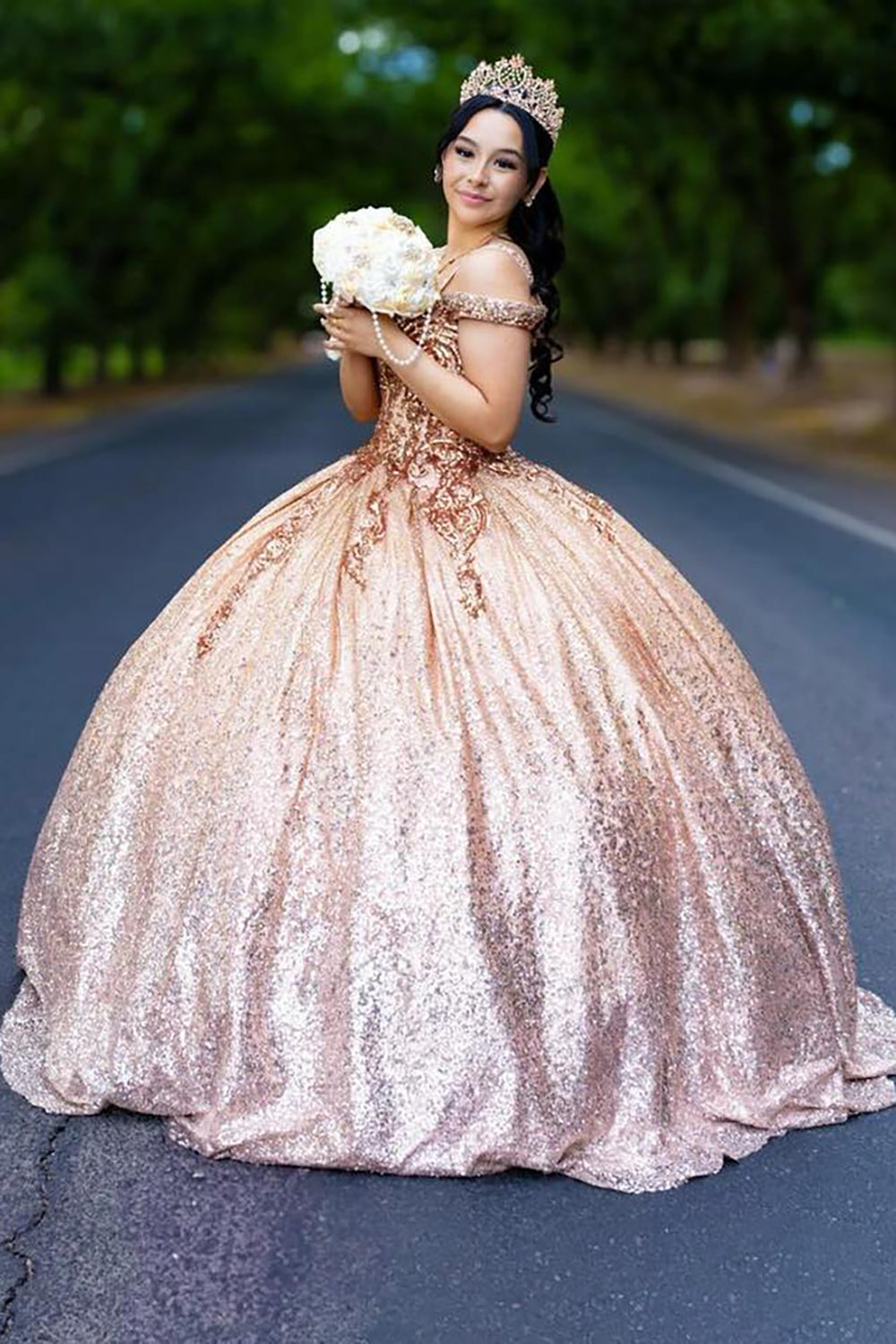 Gold Sparkle Princess Quinceanera Dress with Cold Shoulder and Beaded Sequins