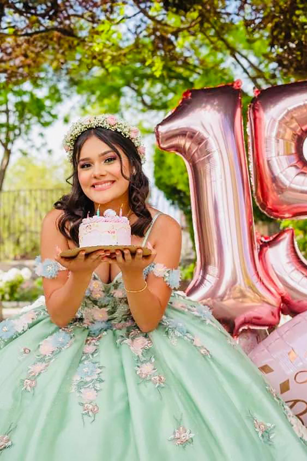 Sweetheart Applique Ball Gown for Quinceanera in Sage Cold
