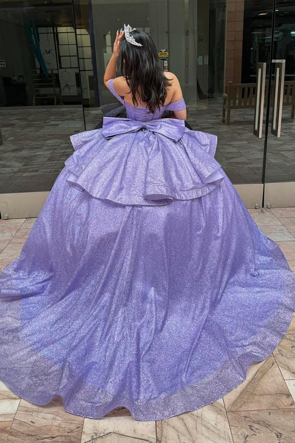 Mint Off-the-Shoulder Sparkly Princess Tulle Quinceanera Dress Featuring Sequins and a Bow