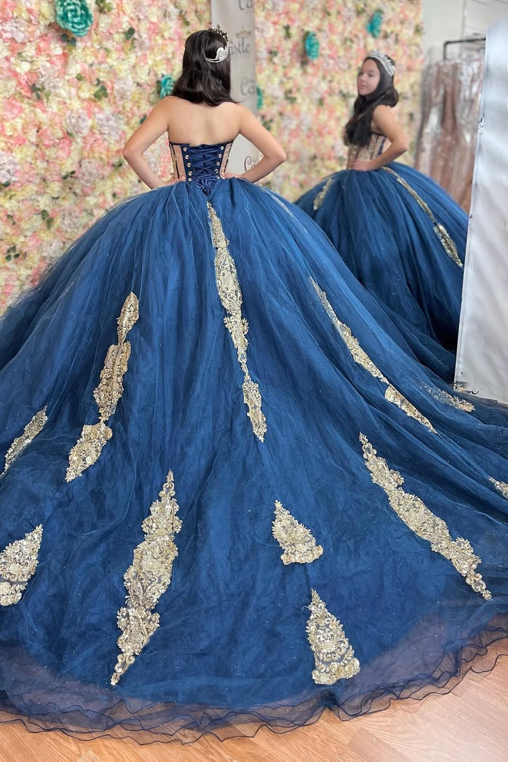 Golden Beaded Navy Off-the-Shoulder Tulle Quinceanera Ball Gown with Train