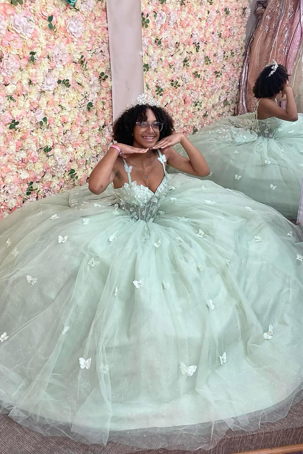 Princess Quinceanera Dress in Sage with Spaghetti Straps, Tulle, and Butterfly Appliques