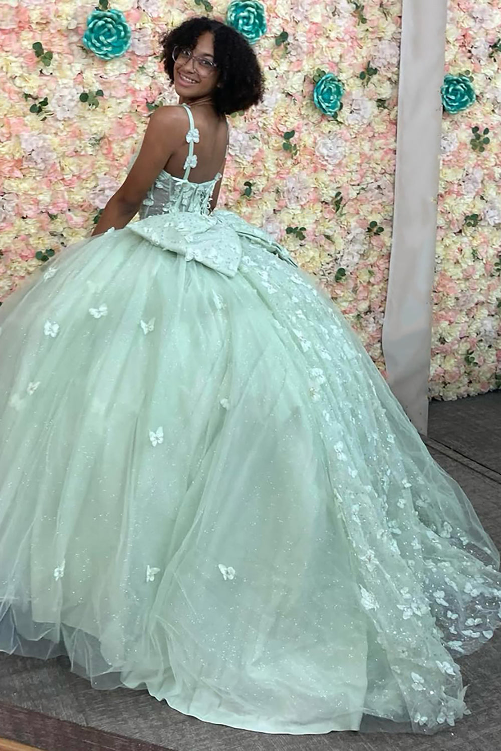 Princess Quinceanera Dress in Sage with Spaghetti Straps, Tulle, and Butterfly Appliques