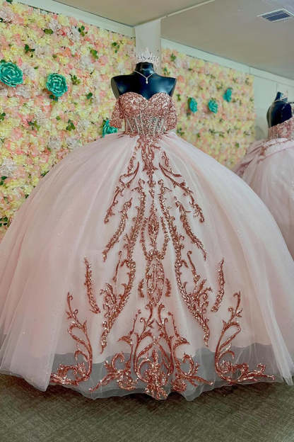 Princess Quinceanera Dress in Dusty Rose with Off-Shoulder Beaded Applique and Tulle Bow